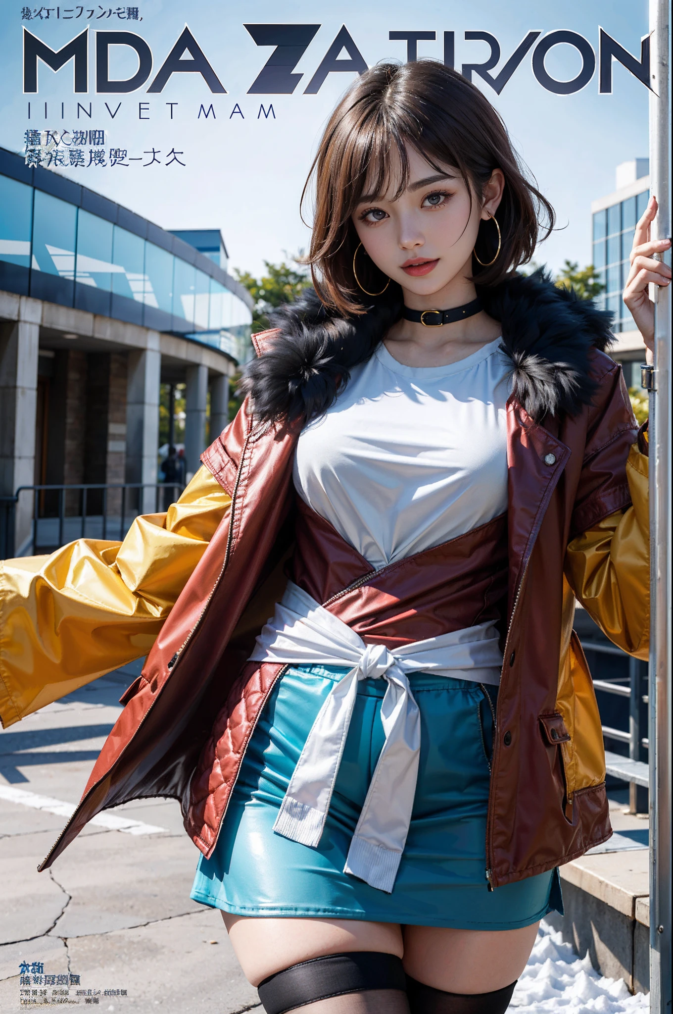 ​masterpiece, top-quality, full body Esbian, 1girl in, bangss,  A dark-haired,, red blush, A bracelet, breastsout, Clothing around the waist, 鎖骨, shirt with collar, cowboy  shot, ear piercings, eyebrows visible through hair, gradation hair, Grinning, gals, jewely, Kogal, length hair, looking at the viewers, piercings, Plaid, Down jacket,muffler, long boots,Sweaters,Stockings,red eyes, the ring, The shirt, Fashionable idol costumes, A smile, 独奏, a street, Skysky, mare, Winter flowers,Snow Dharma,Yuki, (MagazineCover:1.3), (cover-style:1.3), Fashionable, femele, with a vibrant, outfits, the pose, the front, Colorful, Dynamic, Background with, element, self-assured, expresive, ngel, statement, accessorized, An majestic, coil, surroundings, Touch, The scene, Texto, covers, It's bold, captures the attention, Titles, Stylish, Font, It's catchy, headline, The large, Impressive, moderno, Trendy, Focus, lo fashion,