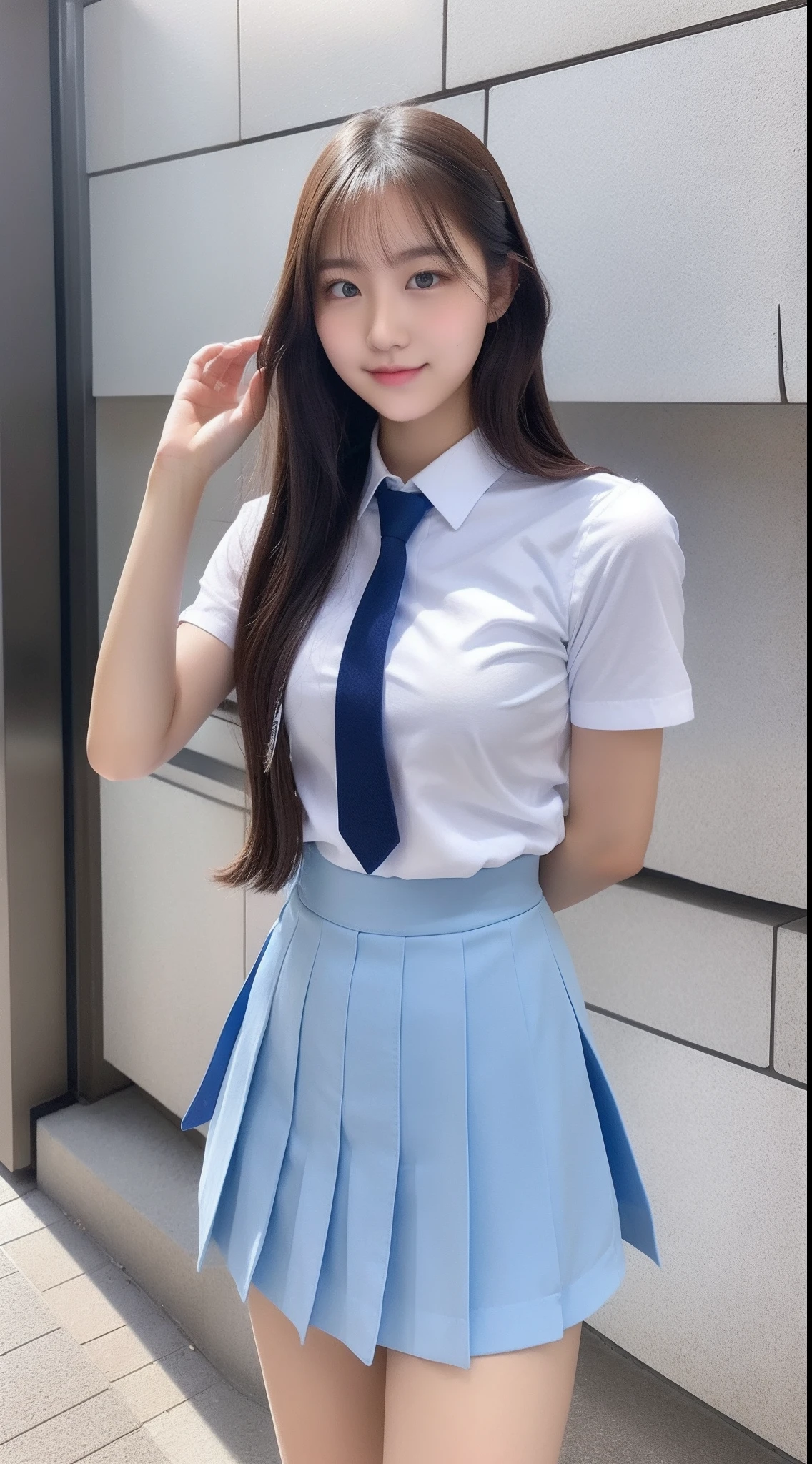 High school girl 18 years old wearing a light blue tie and a miniskirt with a white shirt