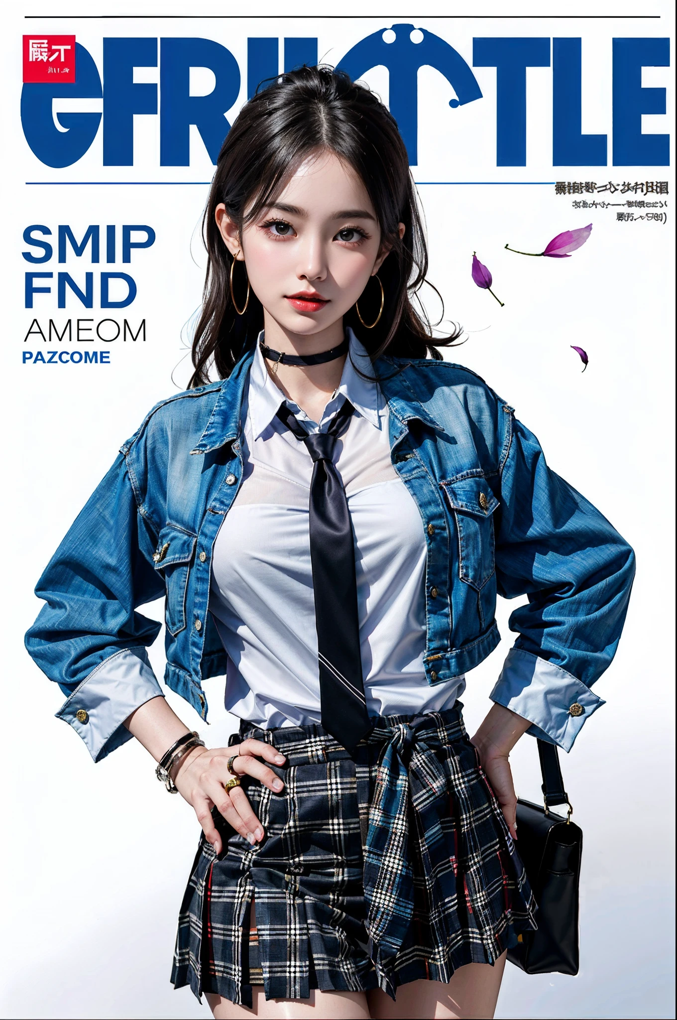 masterpiece, top-quality, full body Esbian, 1girl in, bangss, Black Choker, Black tie, A dark-haired, a blue skirt, red blush, A bracelet, breastsout, a choker, Clothing around the waist, 鎖骨, shirt with collar, cowboy shot, dress shirts, ear piercings, eyebrows visible through hair, gradation hair, Grinning, gals, jewely, Kogal, length hair, looking at the viewers, Loose tie, neck tie, piercings, Plaid, plaid skirts, pleatedskirt, red eyes, the ring, 校服, The shirt, skirt by the, A smile, 独奏, white shirt, a street, Skysky, cherry trees, flower petals,tulips,diagrams, (MagazineCover:1.3), (cover-style:1.3), Fashionable, femele, with a vibrant, outfits, the pose, the front, Colorful, Dynamic, Background with, element, self-assured, expresive, ngel, statement, accessorized, An majestic, coil, surroundings, Touch, The scene, Texto, covers, It's bold, captures the attention, Titles, Stylish, Font, It's catchy, headline, The large, Impressive, moderno, Trendy, Focus, lo fashion,