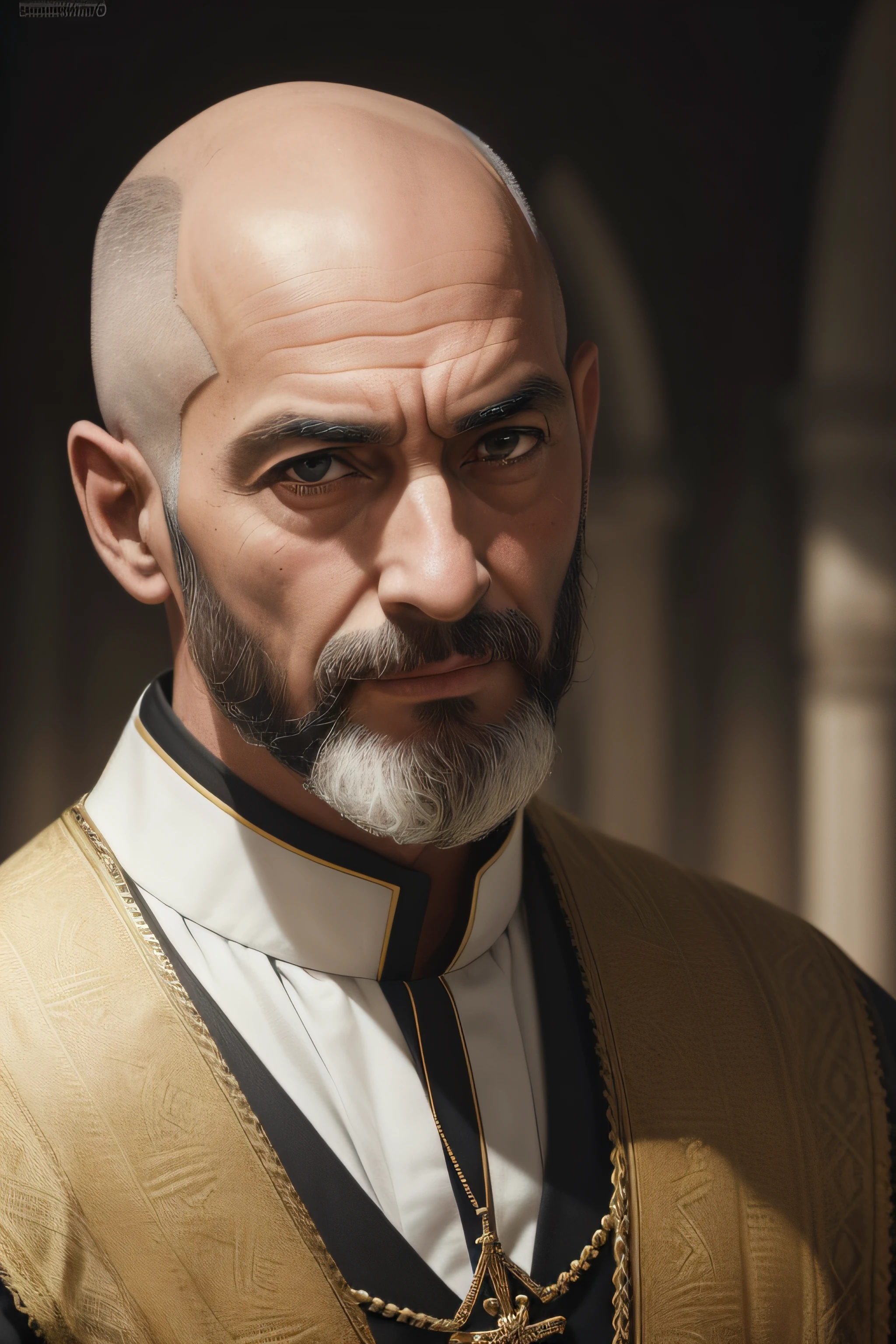 gerar uma imagem de pintura classista, foco nos detalhes do rosto, (um sacerdote do sexo masculino, 60 anos, little hair on the sides of the head, pouco cabelo, semi-careca, short hair only on the side of the head, cabelos marrons, pouco cabelo, bald on the top of the head, barba pequena, barba castanha clara, Homem simples, homem calmo , homem branco, homem magro, 60 anos, homem 60 anos, Imagem Santa, homem santo, sacerdote), (Olhando para cima, Olhando para cima, Head elevation 15°, expression of happiness, no smile, olhar sereno , Visual suave, olhos felizes), (Manto de sacerdote, manto vermelho, Manto de sacerdote), (Front view, Close-up, vestido com um manto) (Textura 8k, 8k, detalhe insano, detalhes intrincados, hiperdetalhado, altamente detalhado, Realistic, soft Cinematic Light, HDR, foco nítido, Adobe Lightroom, (HDR:1.4) , (cores suaves:1.2), hiperdetalhado, (Art Station:1.4), ((((cinematic look))), ( (((cinematic look)))), intrincado, elegante, altamente detalhado)