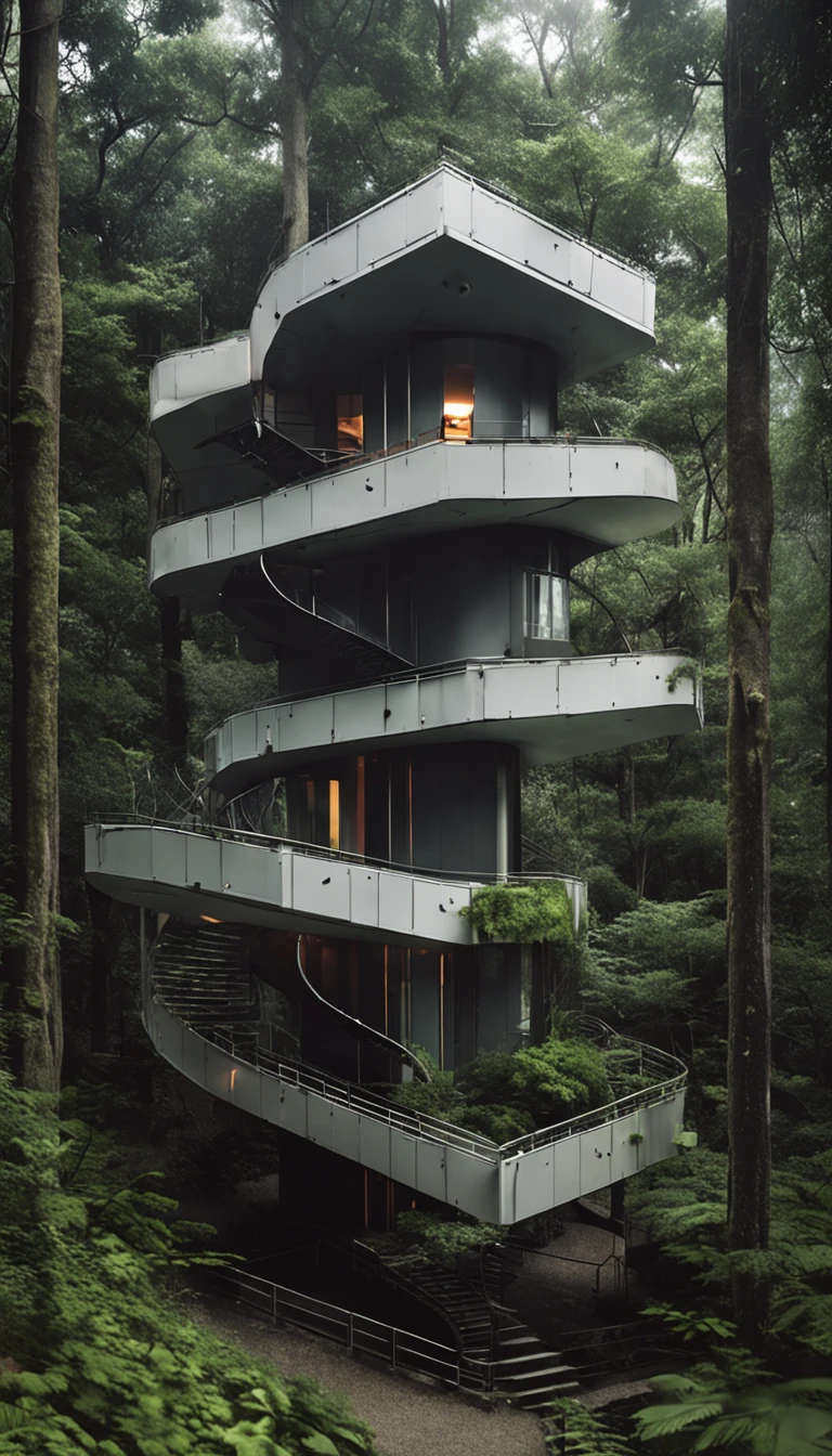 black andwhite, 60s style view of a three-story cube building in a Swiss forest, With a metal spiral staircase leading to the top floor, Surrounded by lush vegetation, Illuminated by cloudy days