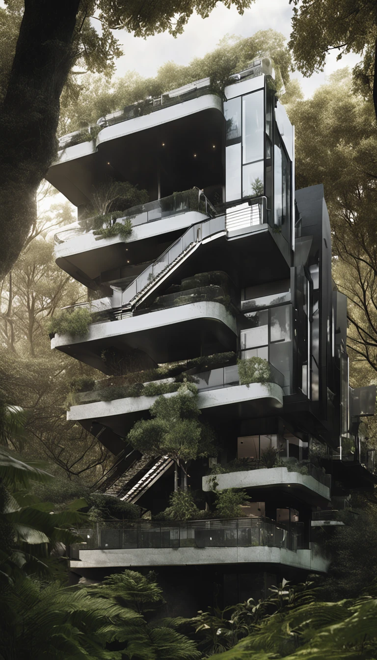 black andwhite, 60s style view of a three-story cube building in a Swiss forest, With a metal spiral staircase leading to the top floor, Surrounded by lush vegetation, Illuminated by cloudy days