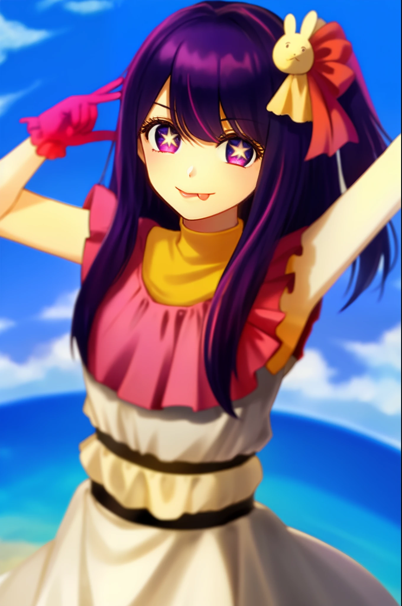 1girl, full body, (Rembrandt), (ultra_detailed), finely detail, HshinoAi, gloves, tongue out, tongue, long hair, star \(symbol\), looking at viewer, (purple hair:1.2), purple eyes, upper body, hair ornament, :p, frills, pink shirt, smile, sleeveless, shirt, idol, symbol-shaped pupils, hands up, bangs, one side up, star-shaped pupils, arms up, dress pull, Roaring Twenties, sky, flower, cliff, cowboy shot, illustration, (Depth of field), isometric, from above, (masterpiece), (best quality)