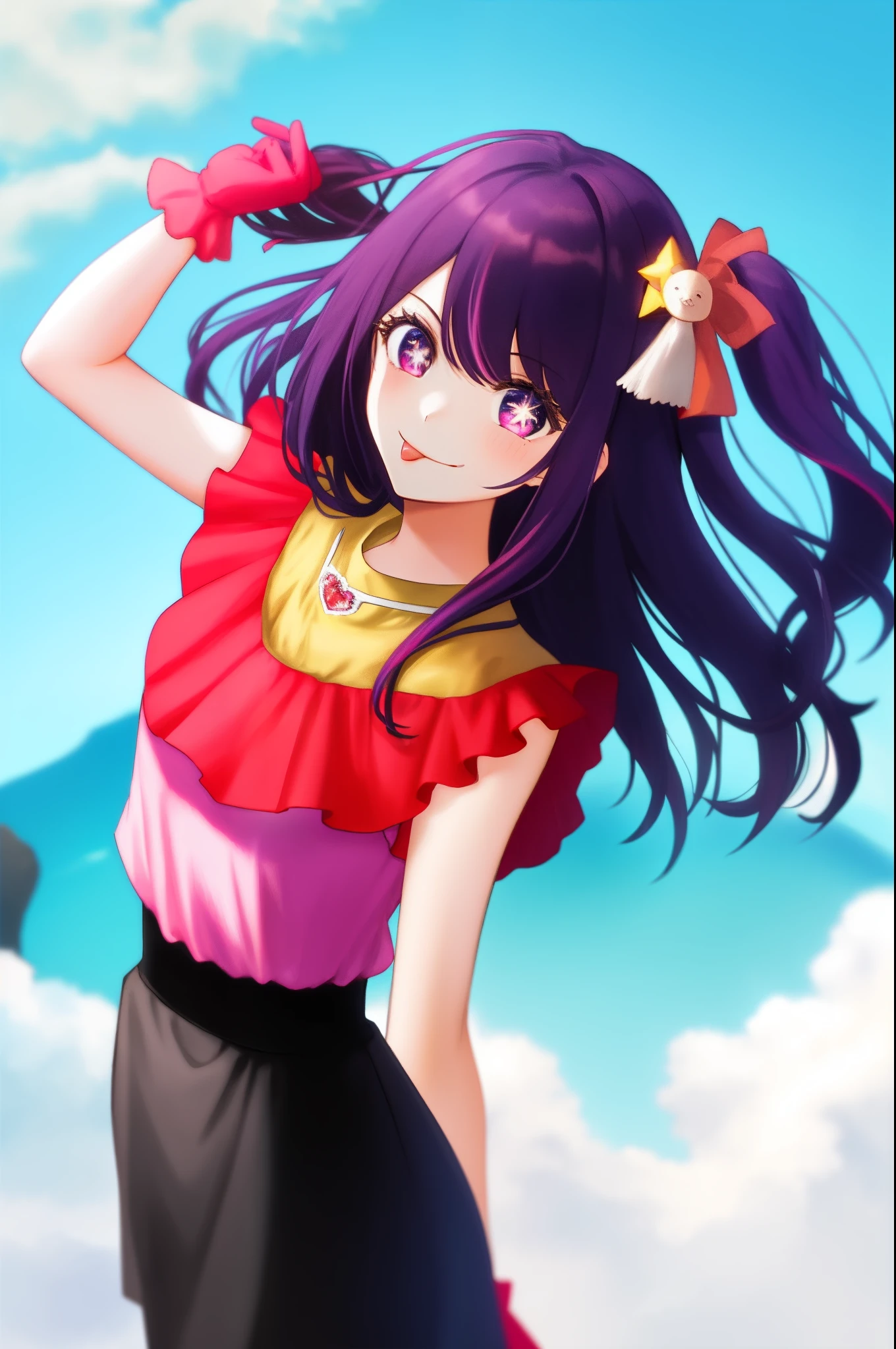 1girl, full body, (Rembrandt), (ultra_detailed), finely detail, HshinoAi, gloves, tongue out, tongue, long hair, star \(symbol\), looking at viewer, (purple hair:1.2), purple eyes, upper body, hair ornament, :p, frills, pink shirt, smile, sleeveless, shirt, idol, symbol-shaped pupils, hands up, bangs, one side up, star-shaped pupils, arms up, dress pull, Roaring Twenties, sky, flower, cliff, cowboy shot, illustration, (Depth of field), isometric, from above, (masterpiece), (best quality)