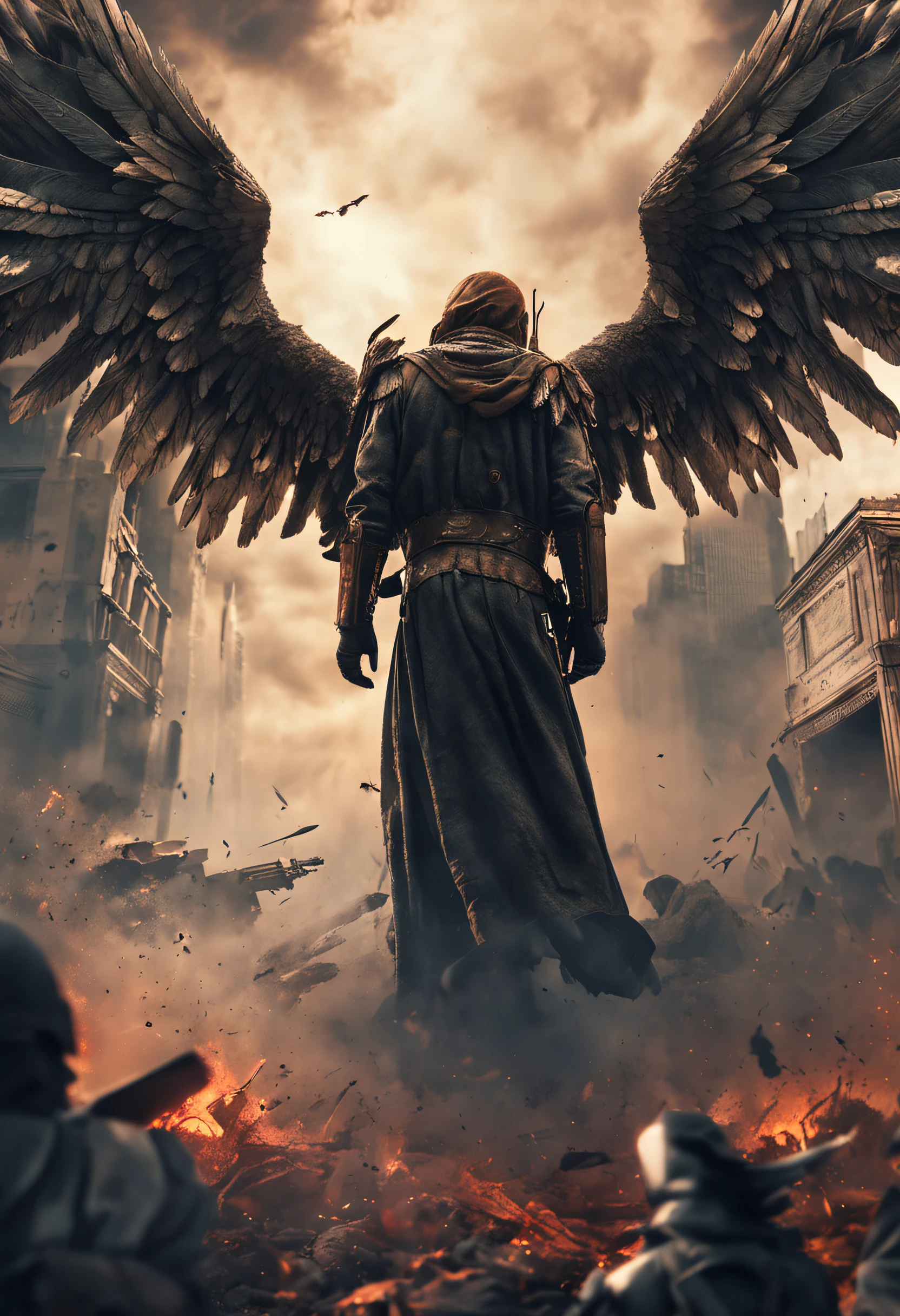 realistic, 4k, an angel with big wings, a sword, a hood over his head in the background image of a war (chaos)