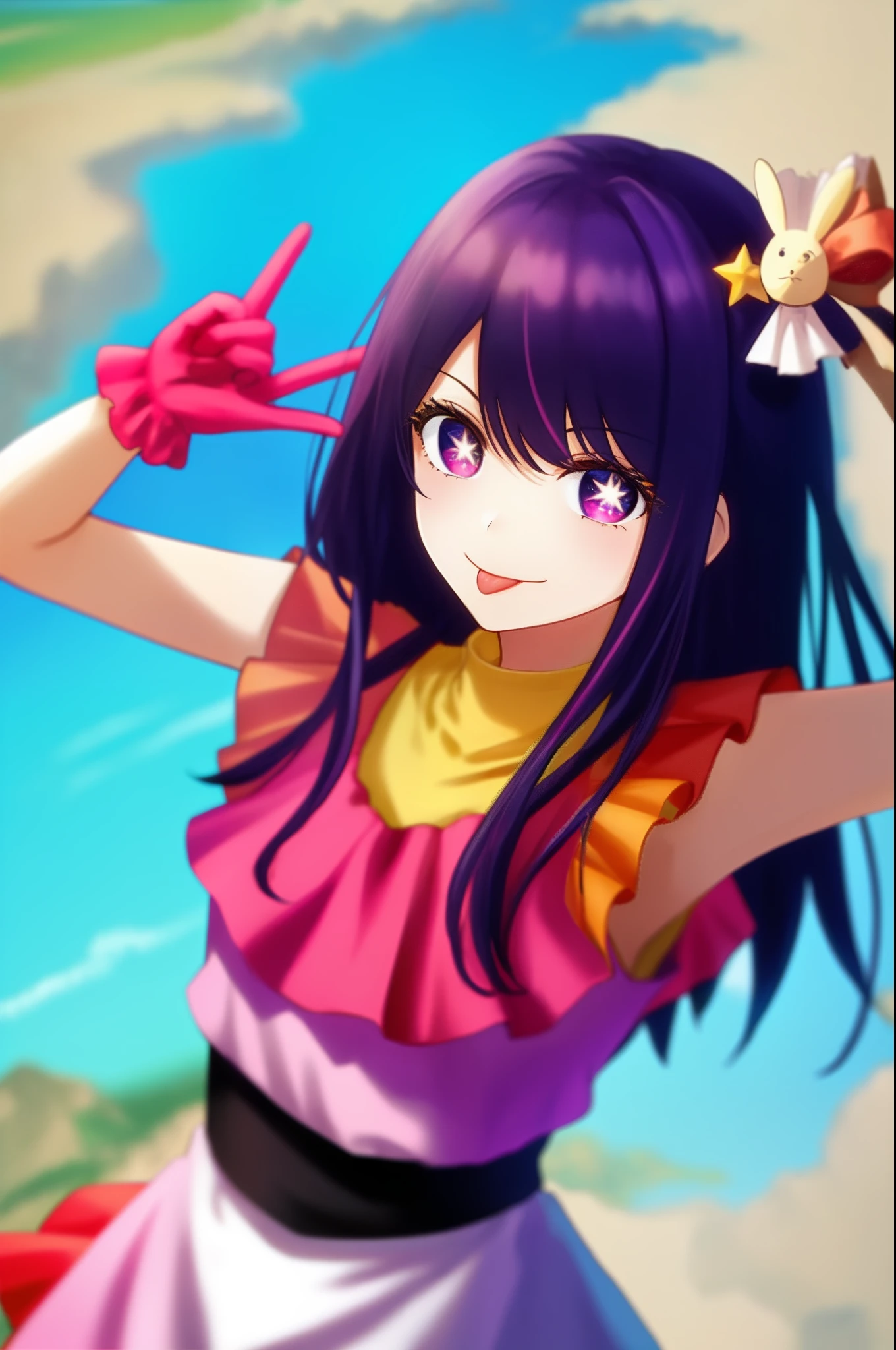 1girl, full body, (Rembrandt), (ultra_detailed), finely detail, HshinoAi, gloves, tongue out, tongue, long hair, star \(symbol\), looking at viewer, (purple hair:1.2), purple eyes, upper body, hair ornament, :p, frills, pink shirt, smile, sleeveless, shirt, idol, symbol-shaped pupils, hands up, bangs, one side up, star-shaped pupils, arms up, dress pull, Roaring Twenties, sky, flower, cliff, cowboy shot, illustration, (Depth of field), isometric, from above, (masterpiece), (best quality)