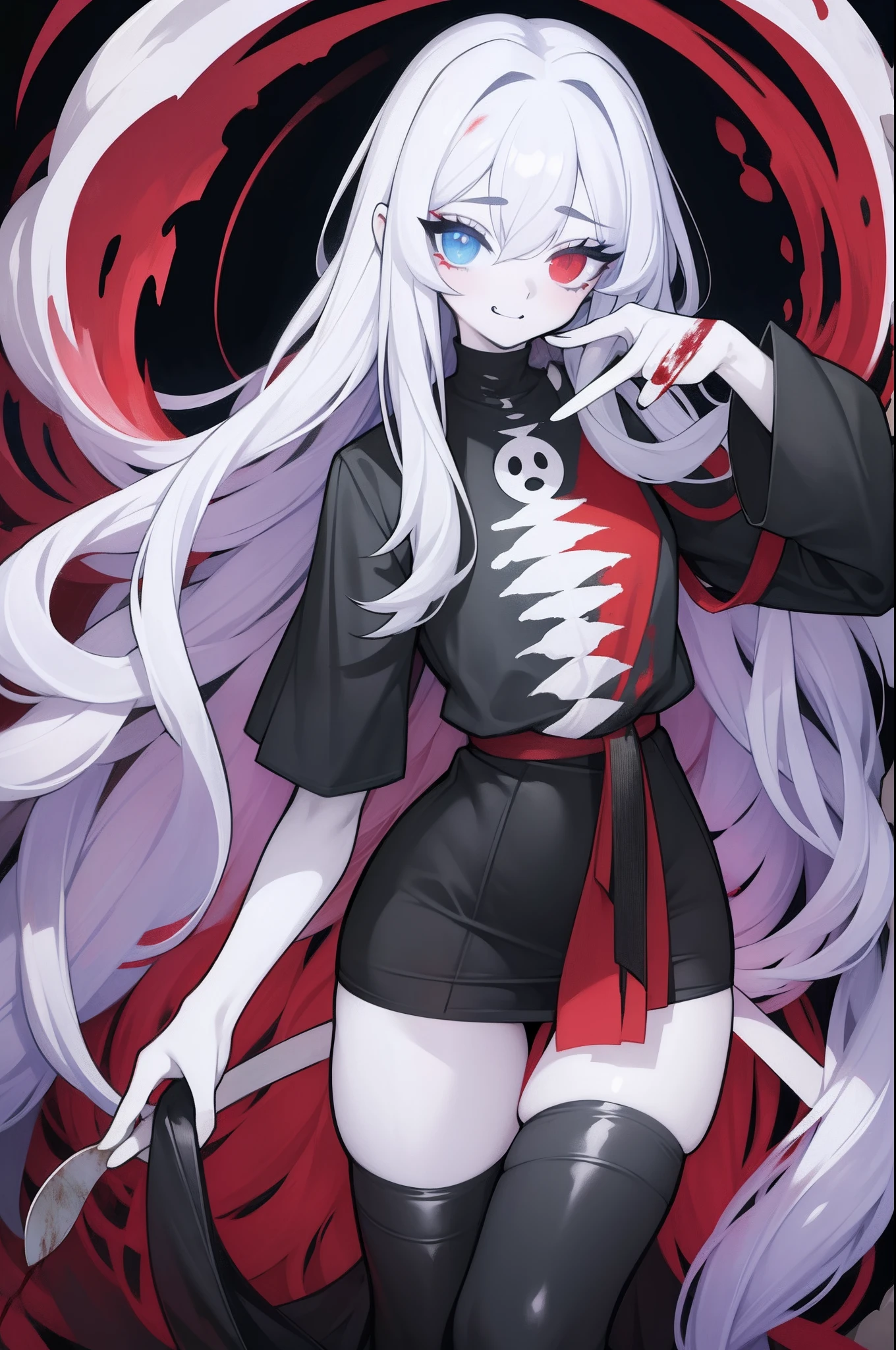 youthful,a dragon,Red eyes,In the dragon's eye,whitehair,I'm not very long.,White undershirt,Black jacket,large boobs,detailed eyes,Long bag,Black gloves,See it in full,My right hand grabbed my chest.,Black background