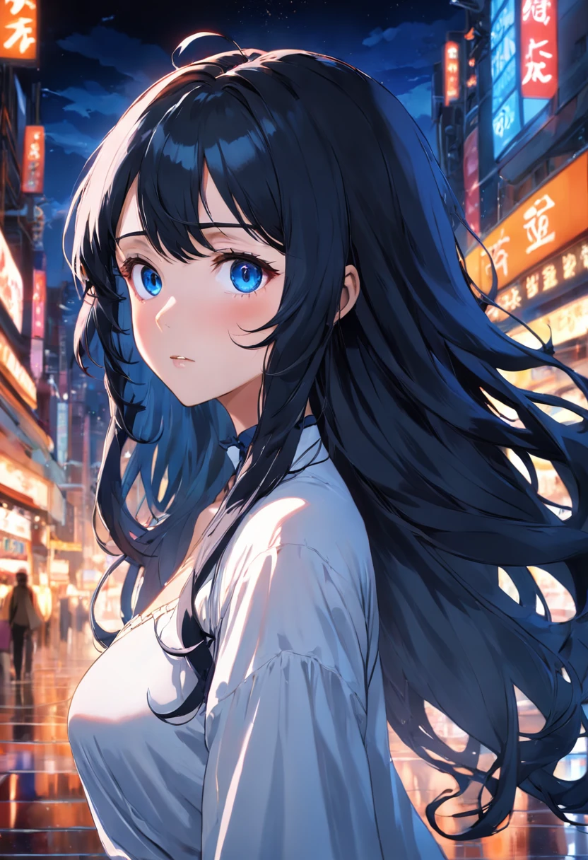 (Clean, (Masterpiece), very high quality, professional, highly detailed, HDR,UHD,16K), 1young woman, solo, mature and sexy, perfect body, big breasts, long black hair, wavy hair, bangs, expressive eyes, (dark blue eyes:1.5), perfect face, (white sundress:1.4), (long sleeves:1.4)