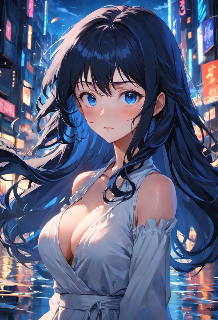 (Clean, (Masterpiece), very high quality, professional, highly detailed, HDR,UHD,16K), 1young woman, solo, mature and sexy, perfect body, big breasts, long black hair, wavy hair, bangs, expressive eyes, (dark blue eyes:1.5), perfect face, (white sundress:1.4), (long sleeves:1.4)