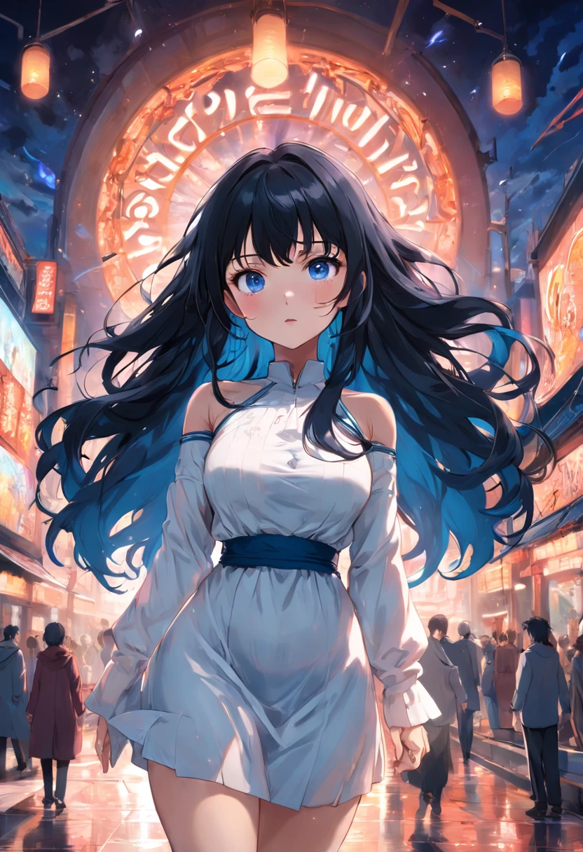 (Clean, (Masterpiece), very high quality, professional, highly detailed, HDR,UHD,16K), ung woman, solo, mature and sexy, perfect body, big breasts, long black hair, wavy hair, bangs, expressive eyes, (dark blue eyes:1.5), perfect face, (white sundress:1.4), (long sleeves:1.4)