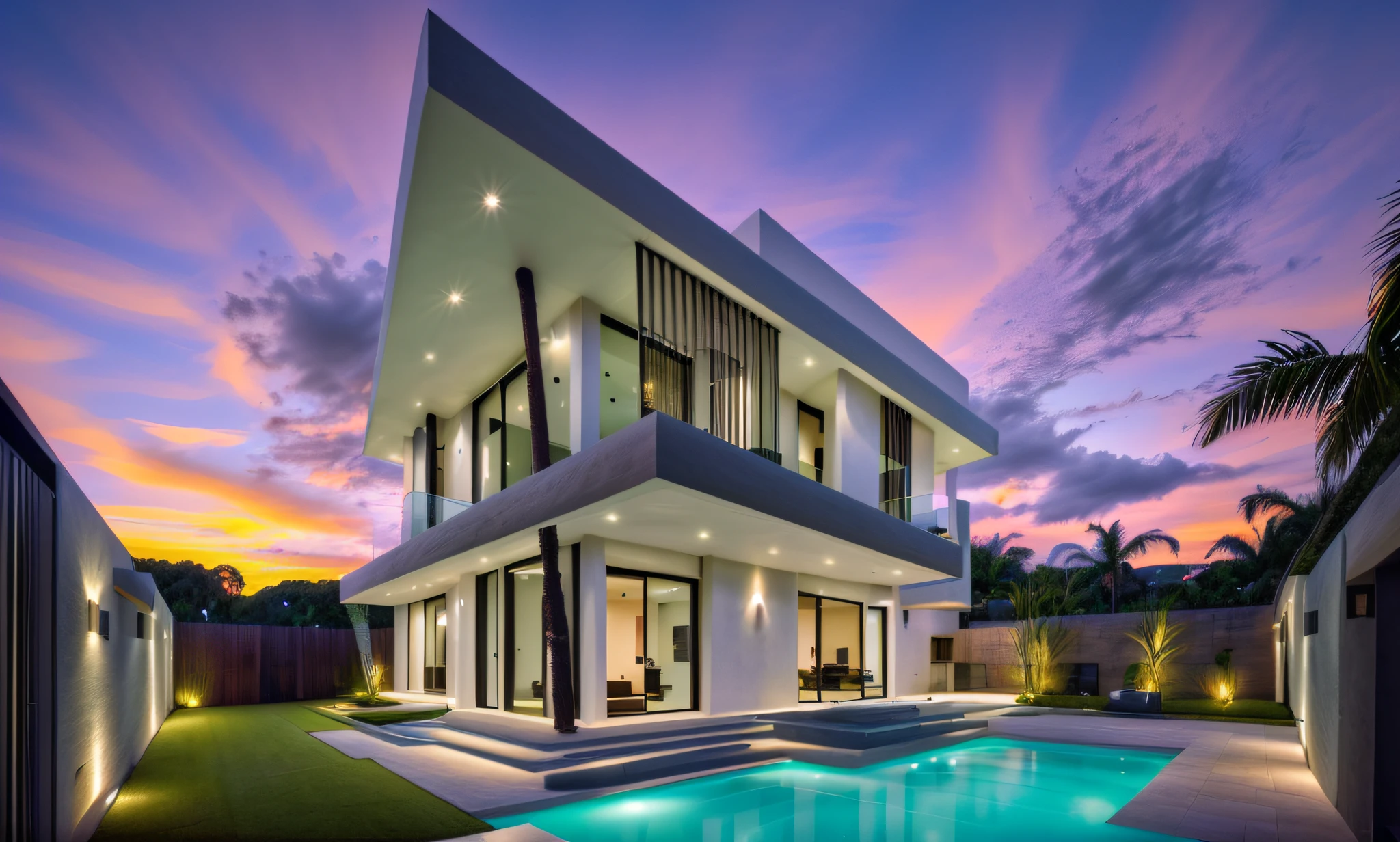 modern tropical style, exterior house
yelow plane color is white wall, red plane color is natural stone wall, green plane color is grass, blue plane color is gray wall, 
glass windows, glass railing, vertical wall clad in natural stone, horizontal wall in white, (water pond:0.1) , (swimming pool:0.1)
natural stone clad fence surrounding the house, palm trees
trees & plants background,sunset light, beautiful sky, few cloud, surrounded by grassy terrain, way, car
RAW photo, (high detail skin:1.2), 8K Ultra High Definition, Digital Single Lens Reflex, soft lighting, high quality, film grain, Sony Alpha A7 Mark IV