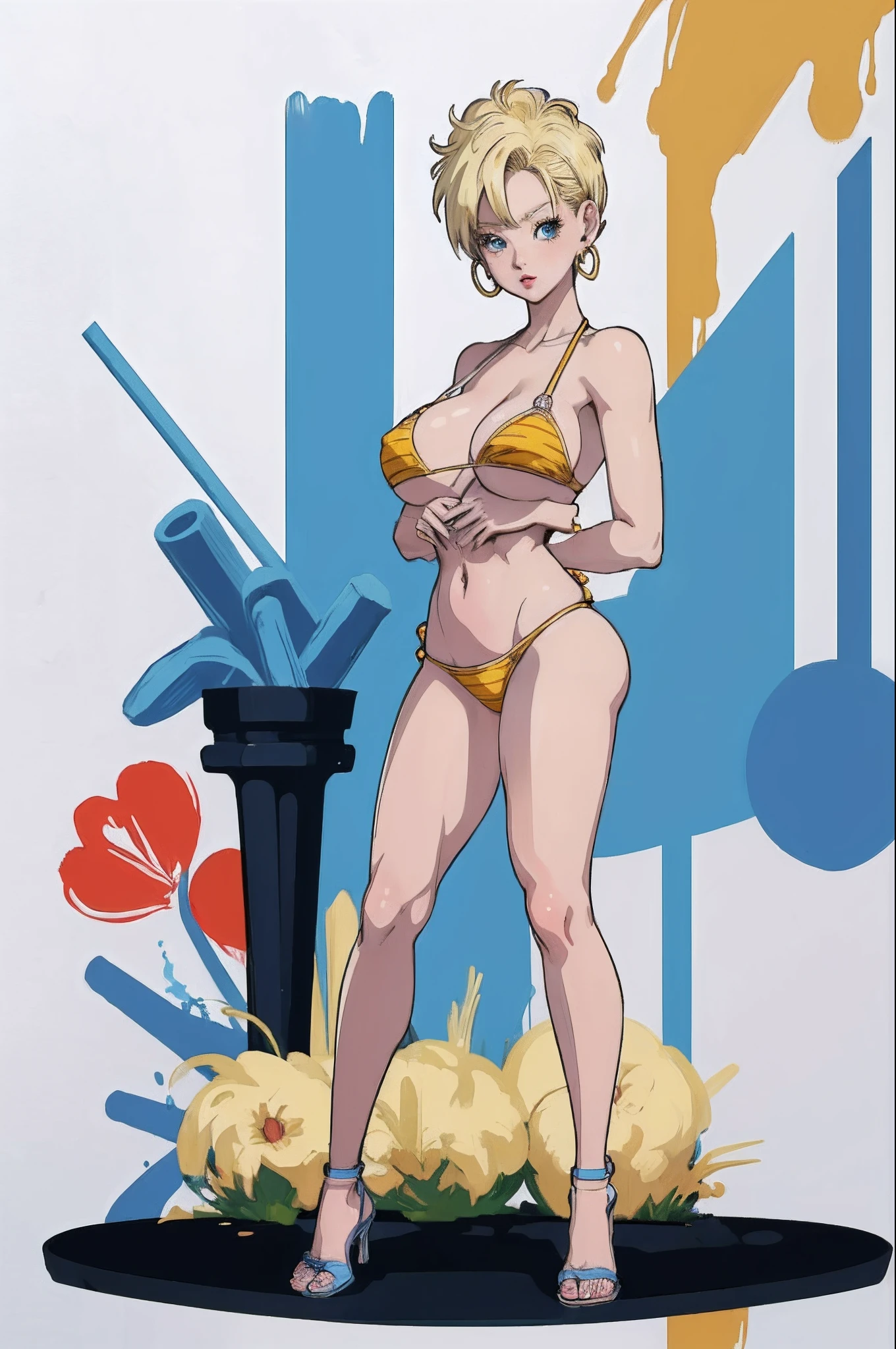 (best quality, masterpiece, ultra-detailed:1.2), 1girl,solo,looking at viewer,
huge breasts, blonde hair, android 18, blonde hair, blue eyes, eyelashes, hoop earrings, short hair, earrings, (((Full body))), detailed body, pose, bikini, front