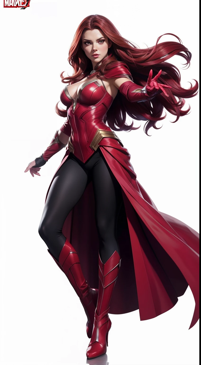 Scarlet Witch from Marvel Comics, fantasy setting, Dynamic poses, whitebackground, Character concept, character art, Character portrait, tmasterpiece, beste-Qualit, best resolution, 8K