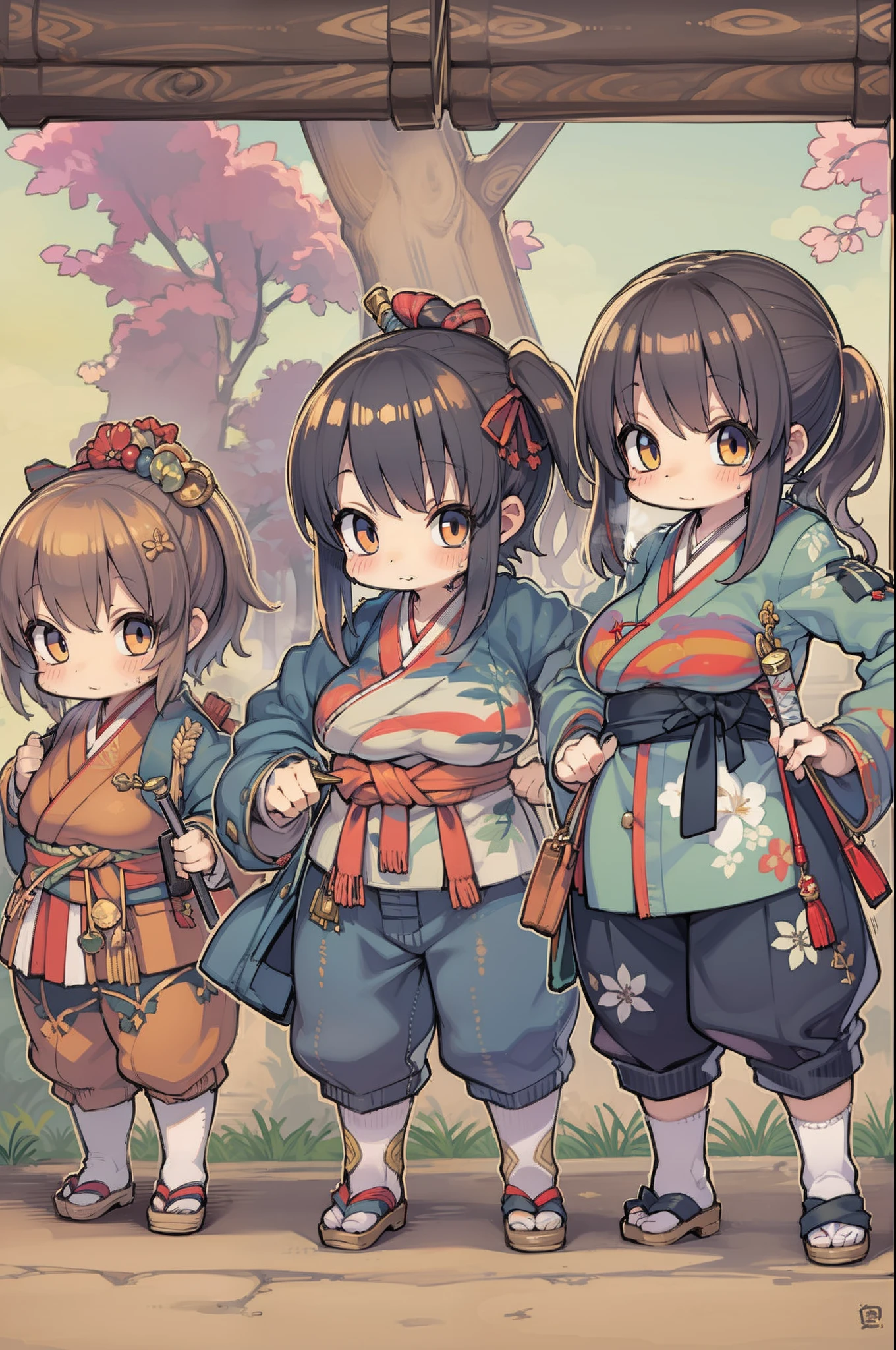 samurais、wielding a katana、Cute 12 years old、huge-breasted