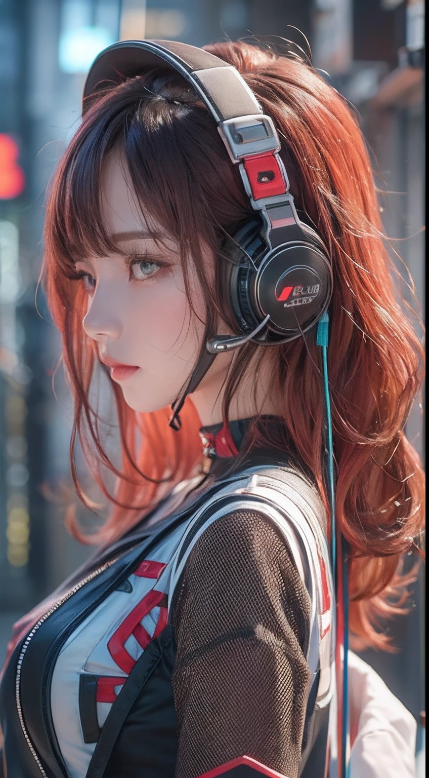 ​masterpiece, 1 beautiful girl, Detailed eye, Swollen eyes, top-quality, 超A high resolution, (reality: 1.4), 电影灯光, japanes, a asian beauty, very extremely beautiful, Beautiful skins, A slender, Forward-facing body, (A hyper-realistic), (hight resolution), (8K), (ighly detailed), ( Best Illustration), (beautifully detailed eyes), (ultra-detailliert), 详细的脸, Bright lighting, Professional Lighting、The background is a cyberpunk room with a large number of monitors.、The cord is connected from the costume、Hair color is red、headset on head、small tattoo on face、Female Game Commentator