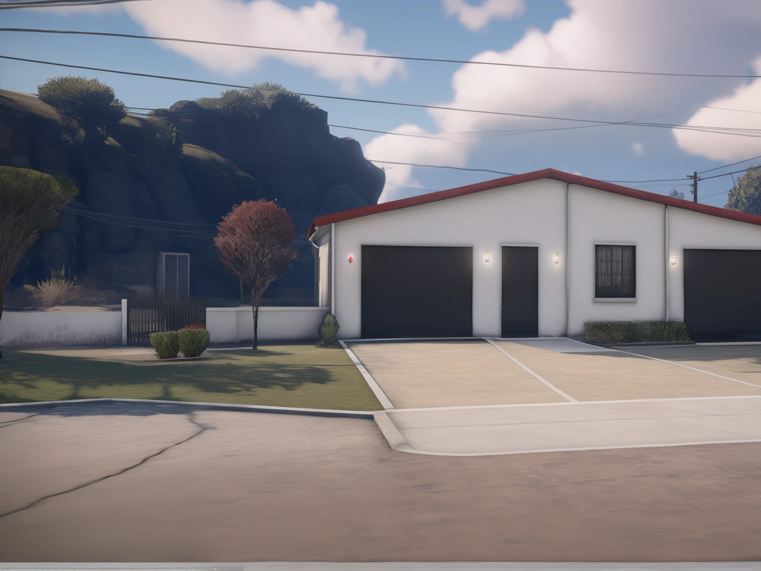 There is a white house with a red roof and a red roof, ((GTA 5 Casa Screenshot)), semi-realistic rendering, Renderizado no Lumion Pro, [ Fotorrealismo 4K ], altamente renderizado!!, Captura de tecido fotorrealista, renderizado em lumion, fully detailed render, renderizado em unreal engine 3d, realista estabelecendo tiro, [ Fotorrealismo 4K ]!!!