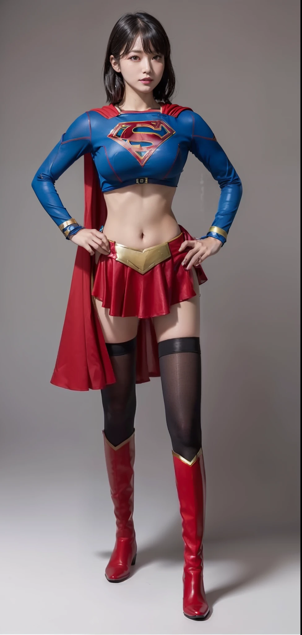 (((Make the most of the original image)))、(((Be sure to wear black tights)))、(((Supergirl Costume)))、(((short-cut、lustrous dark hair)))、(((Wear red boots)))、((Top image quality、8K))、((top-quality、8K、​masterpiece:1.3))、Crisp focus:1.2、Beautiful woman with perfect body shape:1.4、Slender Abs:1.2、((layers-Cut、large boob:1.2))、a wet body:1.5、Highly detailed facial and skin texture、