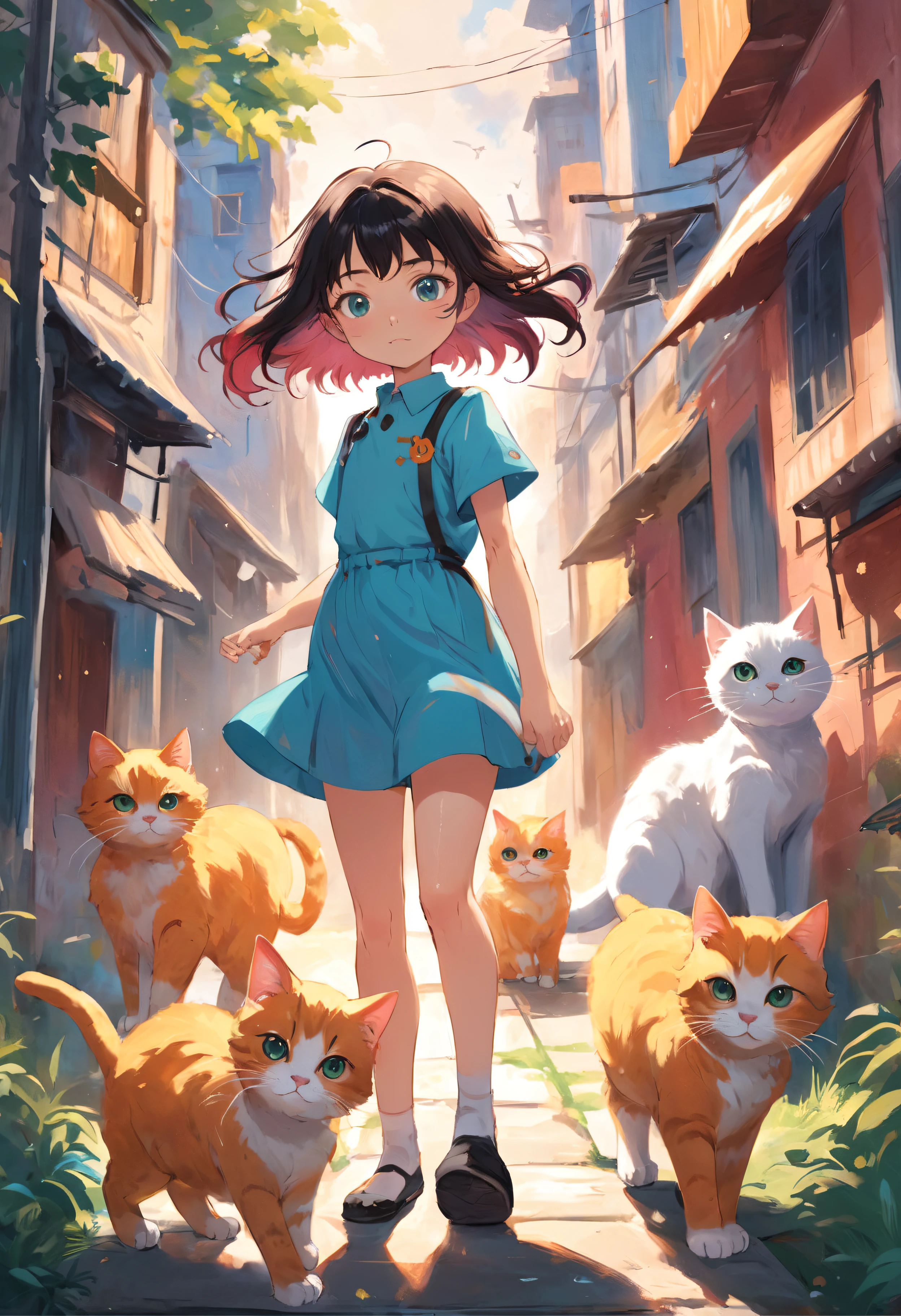 children's story, que ama gatos, meninaanos rodeada de gatos, Illustration in vivid and colorful style, Sunny scenery, happy and lively expressions, olhos brilhantes e curiosos, cabelos castanhos cacheados, colored ties in the hair, delicate and smooth drawing strokes, uso de cores vibrantes, texturas detalhadas nos pelos dos gatos, environment full of fun and joy.