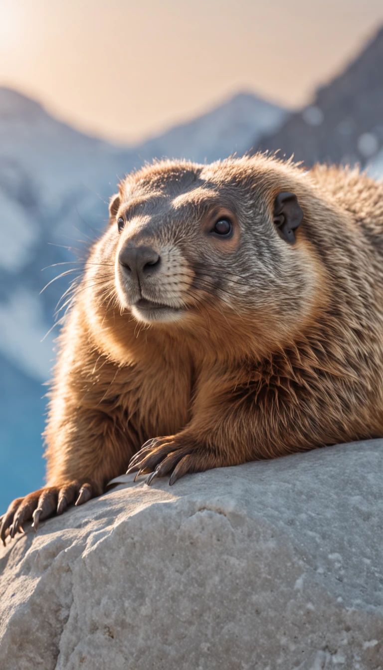 a cute fluffy chubby marmot sunbathing on a pile of rocks, snow mountains background, turquoise glacier lake afar, clear blue sky, highly detailed, golden hour, natural light, octane render, unreal engine