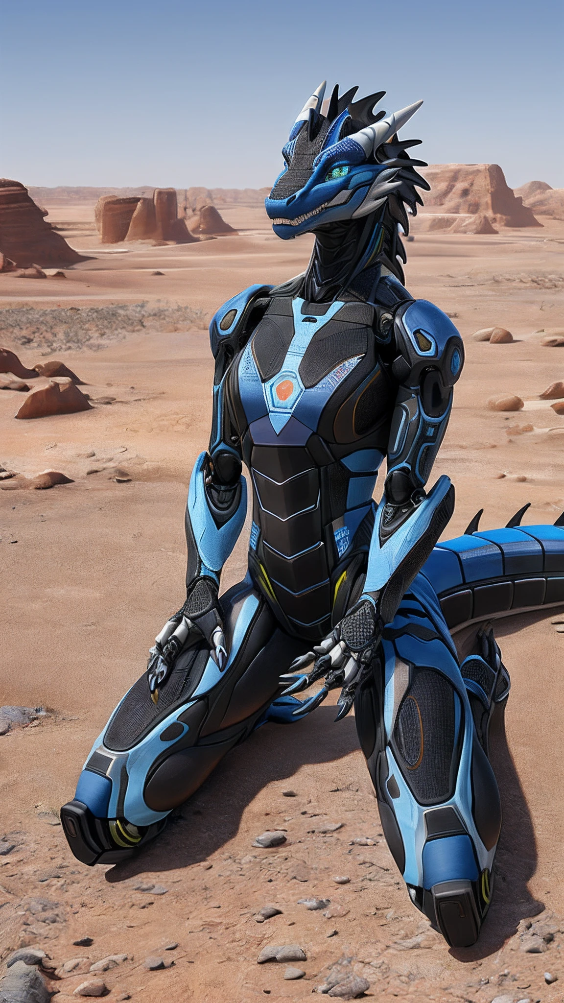 Bionic robot dragon,female,Android,Red Lingeri,sandals,Kneeling in the desert,HD graphics,Detailed and realistic,high detal,high qulity,photo-realistic,photorealistic eye,Detailed paws,Clear eyes,Masterpiece artwork,Five-fingered hands,top-quality,32k