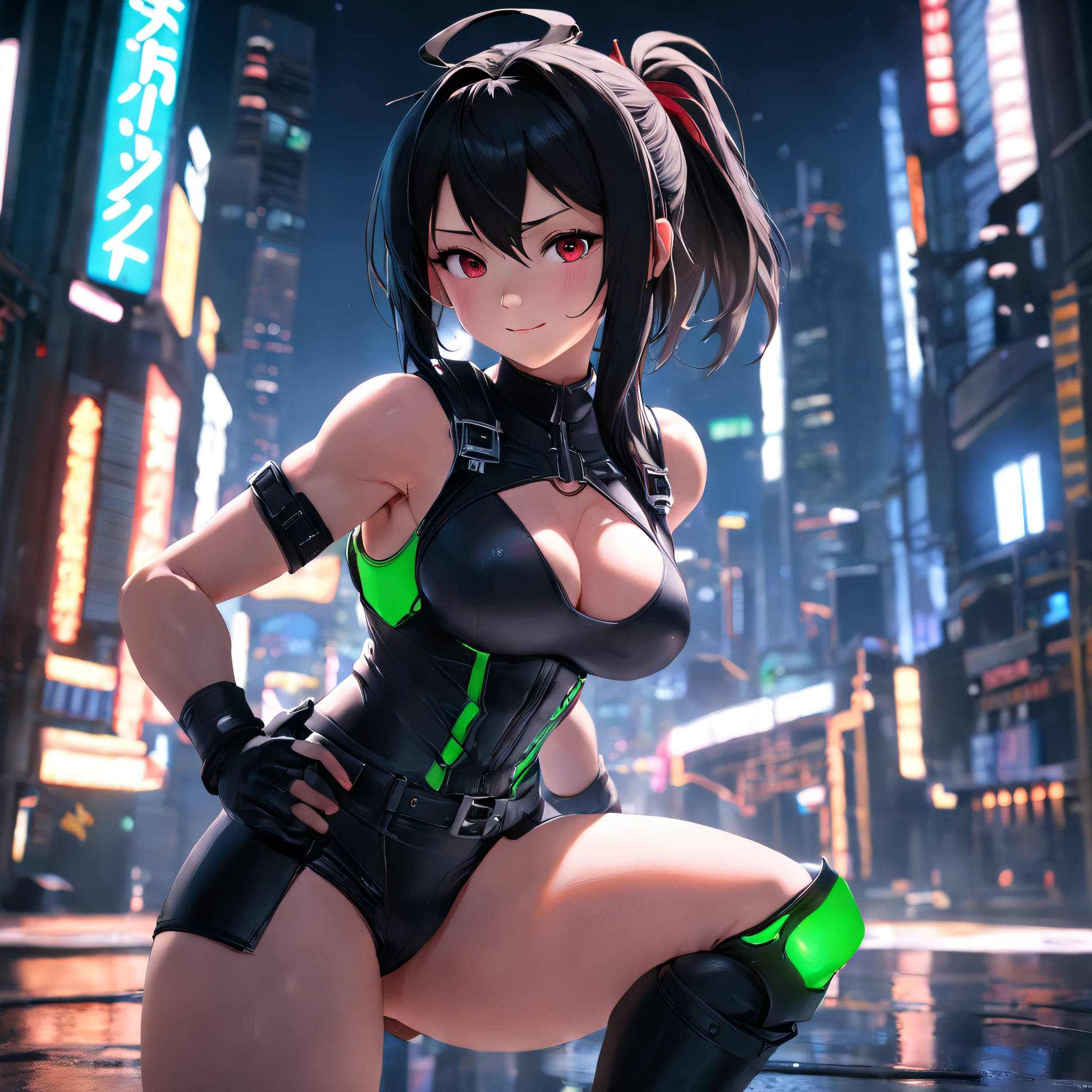 (8K, Best Quality, Masterpiece: 1.2), (Realistic, Photorealistic: 1.37), Super Detail, One Girl, Cute, Solo, (Tifa Lockhart), (Big Breasts), (Beautiful Eyes), (Smile: 1.2), Closed, Model Pose, (Green Neon), Cityscape, Depth of Field, Dark Strong Shadows, Sharp Focus, Motion Blur, Depth of Field, Composition, Final Fantasy VII, Date, (Nose Brush), Single Elbow Pads, Ankle Boots, Black Hair, Red Boots, Elbow Gloves, Elbow Pads, Fingerless Gloves, Sports Bra, Black Skirt (Suspenders), White Tank Top: 1.5, Full Body, Headrest, Beauty Face, Low Tie Long Hair, (red_eyes), (Night: 1.3), Complex, Cinematic Lighting, Photon Mapping, Radiosity, Physically Based Rendering, (Tetsuya Nomura Style), Perfect Breast, Cleavage: 1.2,