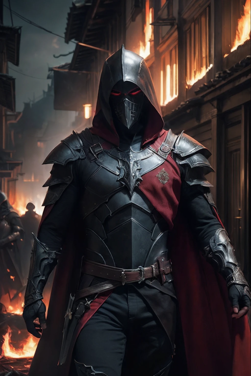 (ultra-detailed CG unity 8k wallpaper, masterpiece, best quality, depth of field, HDR, intricate), tall sinister dark killer wearing a metal mask with bright red eyes of dark and light armor with a discreet red cape behind with sharp daggers in his arms walking in a burning village, (intricate: 1.4) (masterpiece: 1.4) (illustration: 1.4), red studio lighting, post-processing, 8k resolution, dark background, imposing, meticulously composed photos, impressive, dark fantasy (by Greg Rutkowski: 1.2), (by daarken: 1.5)