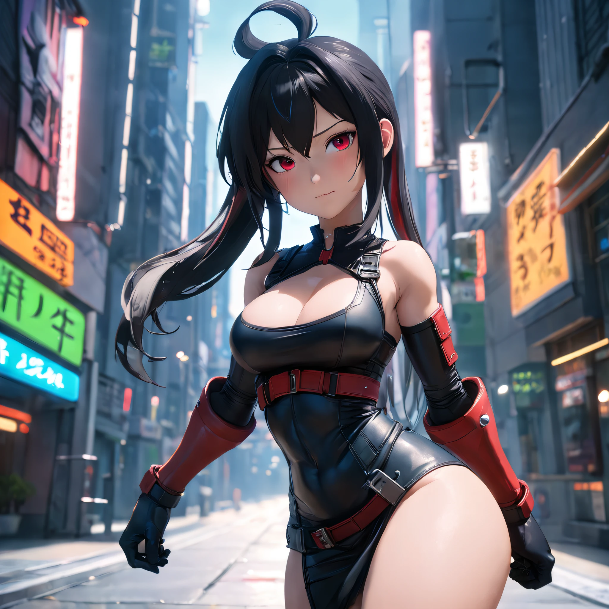 (8K, Best Quality, Masterpiece: 1.2), (Realistic, Photorealistic: 1.37), Super Detail, One Girl, Cute, Solo, (Tifa Lockhart), (Big Breasts), (Beautiful Eyes), (Smile: 1.2), Closed, Model Pose, (Green Neon), Cityscape, Depth of Field, Dark Strong Shadows, Sharp Focus, Motion Blur, Depth of Field, Composition, Final Fantasy VII, Date, (Nose Brush), Single Elbow Pads, Ankle Boots, Black Hair, Red Boots, Elbow Gloves, Elbow Pads, Fingerless Gloves, Sports Bra, Black Skirt (Suspenders), White Tank Top: 1.5, Full Body, Headrest, Beauty Face, Low Tie Long Hair, (red_eyes), (Night: 1.3), Complex, Cinematic Lighting, Photon Mapping, Radiosity, Physically Based Rendering, (Tetsuya Nomura Style), Perfect Breast, Cleavage: 1.2,
