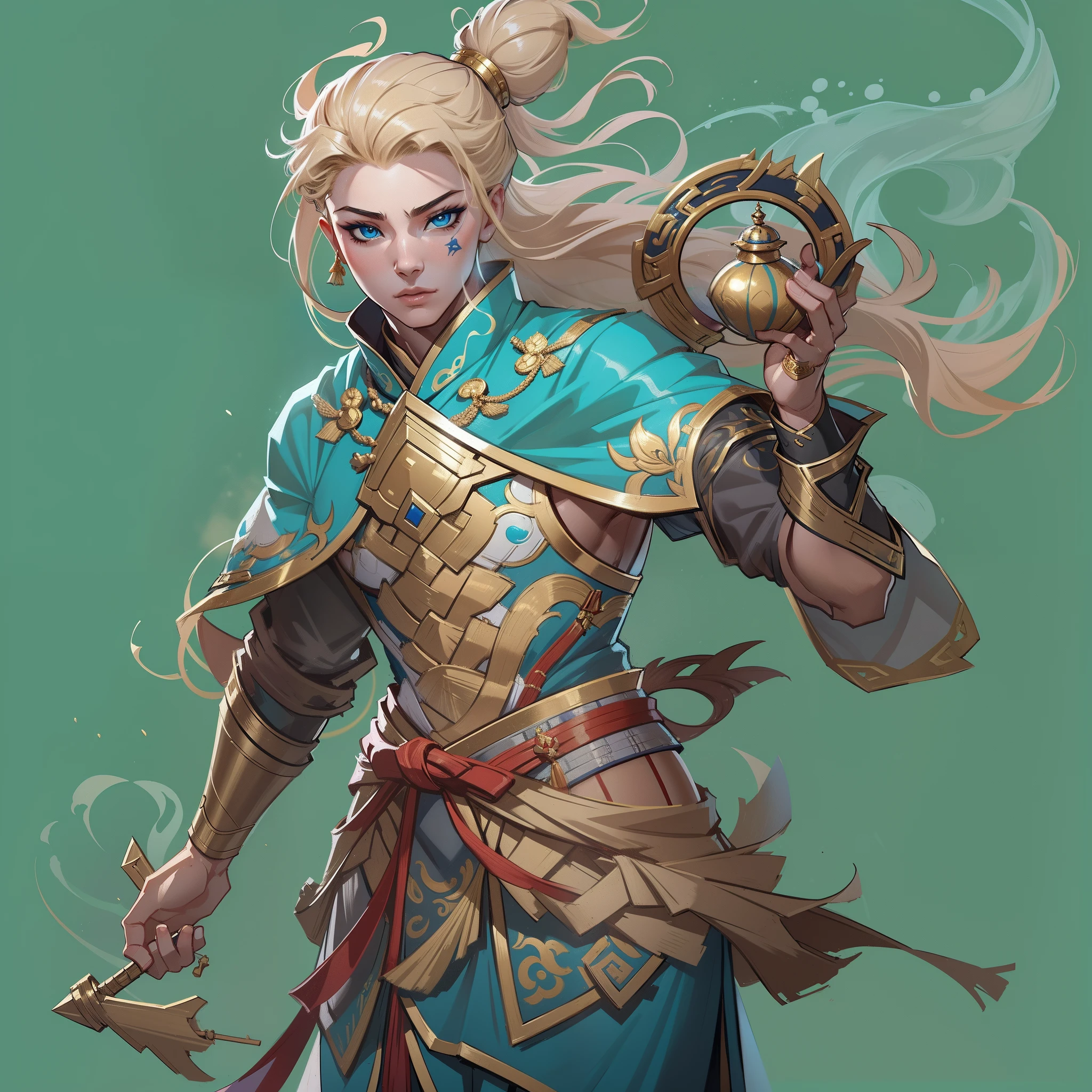 A close-up of a 30-year-old strongman, with hazel eyes and very short curly blonde hair, Porter une tenue de combattant bleu et sarcelle, A hero with hazel eyes, Man fighting with bare hands, Mage with air magic, debout dans un temple chinois, Nouveau concept de costumes, in the style of the blade and the soul, Concept of complete character of the body, Detailed character design, inspired by Yang Jin, inspired by Li Mei-shu, Costume chinois, inspired by Lan Ying, inspired by Sim Sa-jeong, inspired by Li Tang, lunar themed attire, Costume with gold accents, inspired by Ju Lian, colored concept art, Highly detailed character design, high detail face, Inspired by Ai Xuan, high detail face, unreal engine render, Style Final Fantasy 14, inspired by Leng Mei