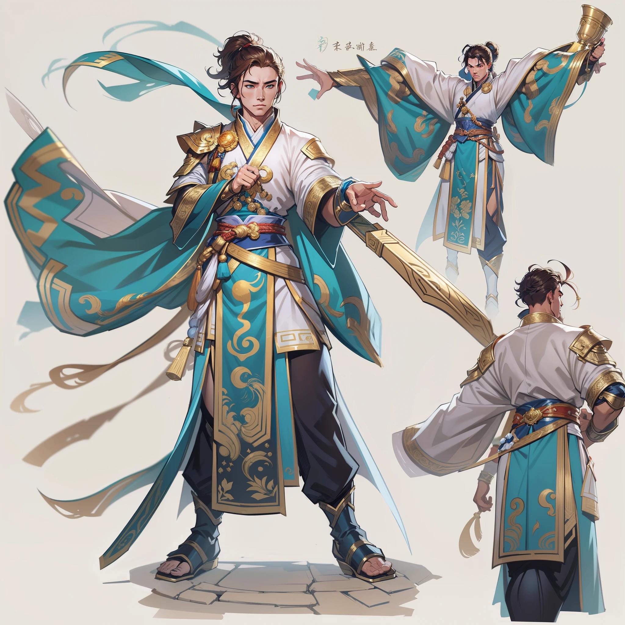 A close-up of a 30-year-old strongman, with hazel eyes and very short curly blonde hair, Porter une tenue de combattant bleu et sarcelle, A hero with hazel eyes, Man fighting with bare hands, Mage with air magic, debout dans un temple chinois, Nouveau concept de costumes, in the style of the blade and the soul, Concept of complete character of the body, Detailed character design, inspired by Yang Jin, inspired by Li Mei-shu, Costume chinois, inspired by Lan Ying, inspired by Sim Sa-jeong, inspired by Li Tang, lunar themed attire, Costume with gold accents, inspired by Ju Lian, colored concept art, Highly detailed character design, high detail face, Inspired by Ai Xuan, high detail face, unreal engine render, Style Final Fantasy 14, inspired by Leng Mei