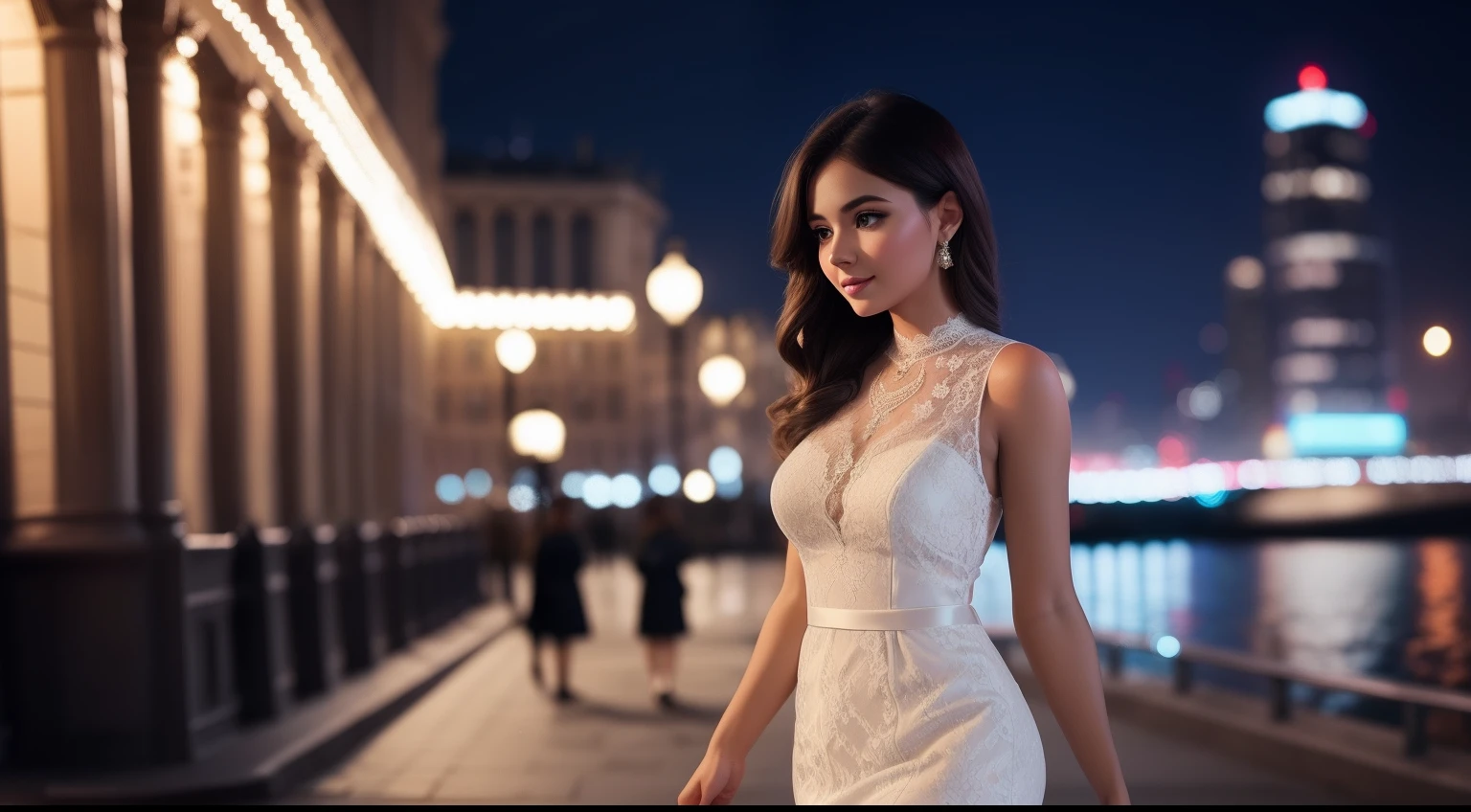 Girl in a beautiful elegant outfit with lace on the background of the night city
