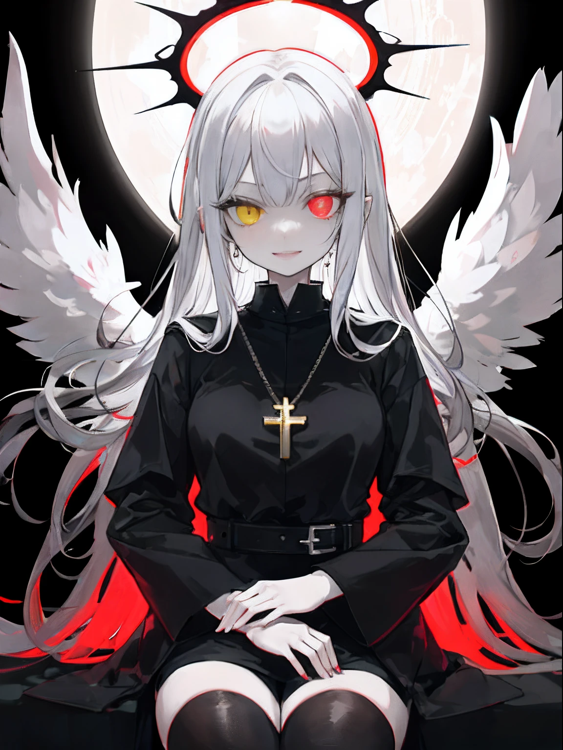 1girl in, (Scary), Angel, Gorgios, on the lap, (red halo), Dark, Glowing eyes, Heterochromia eye, Angel wings, glowing pendant, holy, Sensual milf, black tunic, Feathers, which are full of confidence, Smile, Expressive eyes, collofull eyes, Contrasty, shadowy, masutepiece, Digital Art, Glowing eyes, Intimidating, corrupted, Demonic