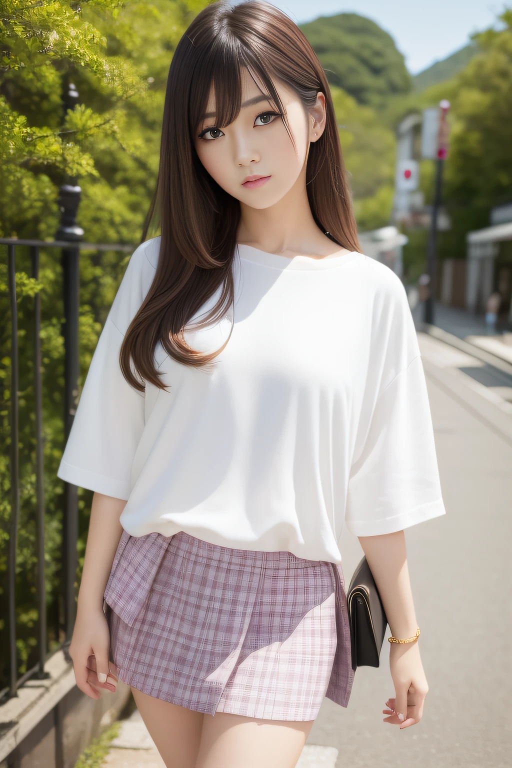High quality、masutepiece、超A high resolution、(Photorealistic:1.4)、Akita Bijin、Fair skin、japanes、colourful clothes、skirt by the、doress、pumps、(Thin eyebrows:0.2)、(thin lipss:0.8)、(small nose:0.8)、Appearance without makeup、walk、cowboy shot、(the perfect body:1.2)、(small nipple:0.7)、Akita City、By Michelangelo、ulzzang -6500-v1.1