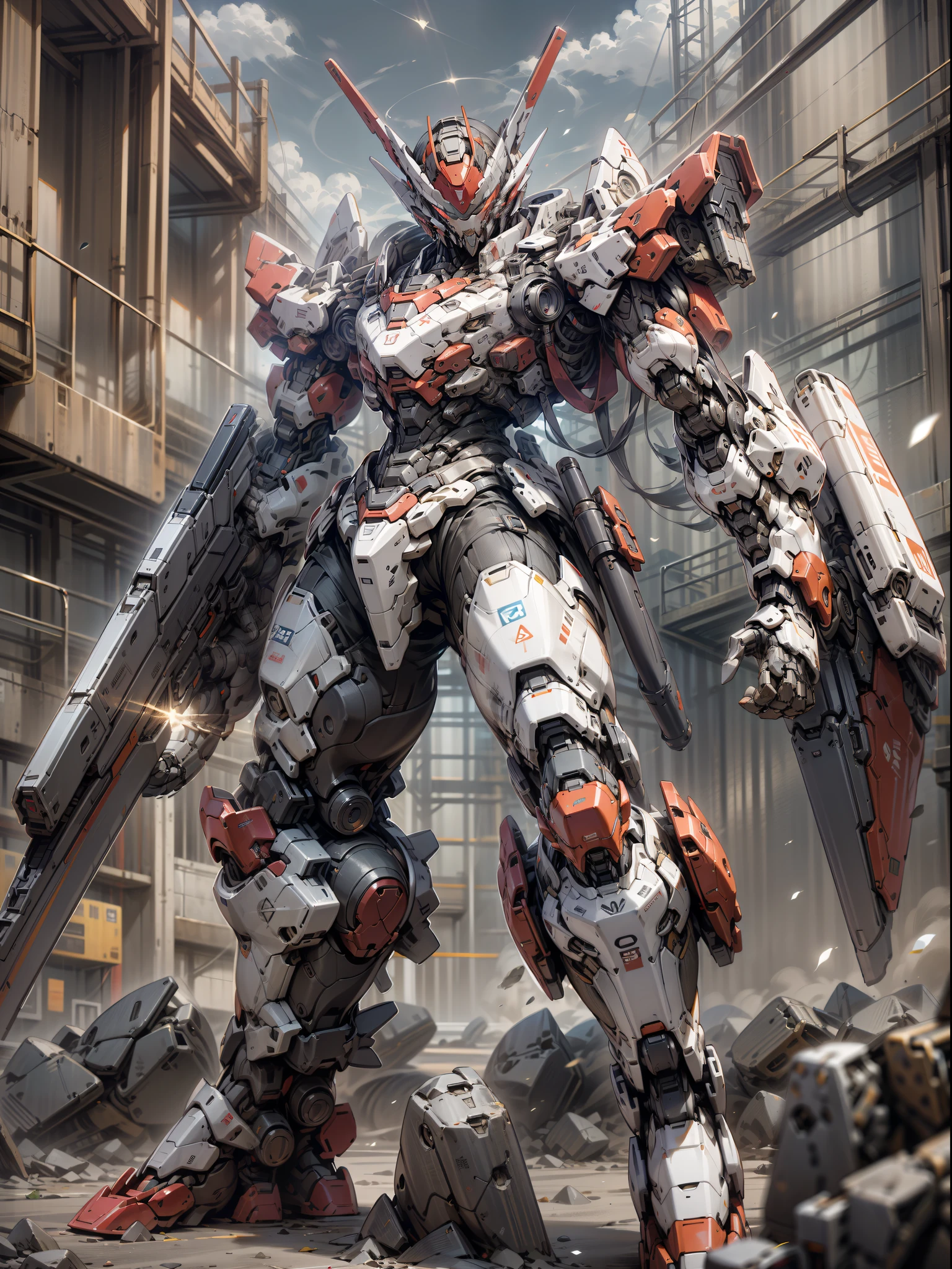 ((best-quality)), ((Masterpiece)), (RAWExtremely detailed: 1.3), 8K,Cool painting,It's sci-fi,Red Gunsmith,Red tank armored division with huge shields,Red,Red mech,Reloaded up to the MK2,Red mech,The mask covers the face,Holding a shield in the air,Red super large mechanical shield,Heavy weapons,Heavy machine gun,Sniper rifle,cannon,Gatling guns were scattered on the ground,Carrying a weapon and a firearm,Pistol again at the waist,Sniper rifle in the back again,Super cool tank armor,God of weapons,Gundam humanoid mech,anime mecha aesthetic,Perfect body proportions,Heads-up view,standing pose,Military giant mech,missile,rock,Future technology,realistness,There are dark clouds in the sky,Dark black war background,rim light,raytracing,Light particles,NVIDIA Trtx, Super-Resolution,Unreal 5,sub-surface Scattering,Specular and albedo maps,trichotomy,Large aperture,Battle Pose, 8K RAW,Efficient subpixels,Subpixel convolution,Light particles,Light scattering,Tyndall effect,raytracing.