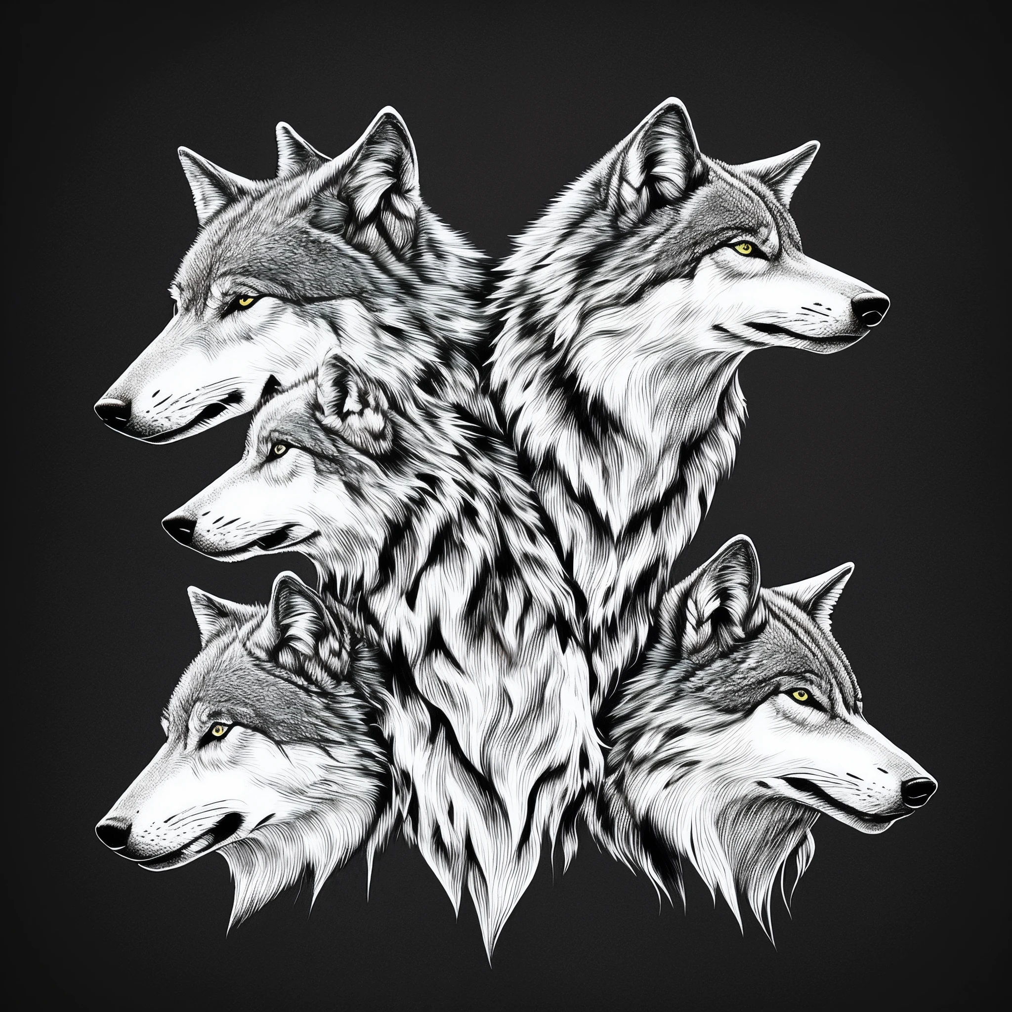 create a logo with three wolf heads , on a black background drawn in white with an alpha style , looking forward