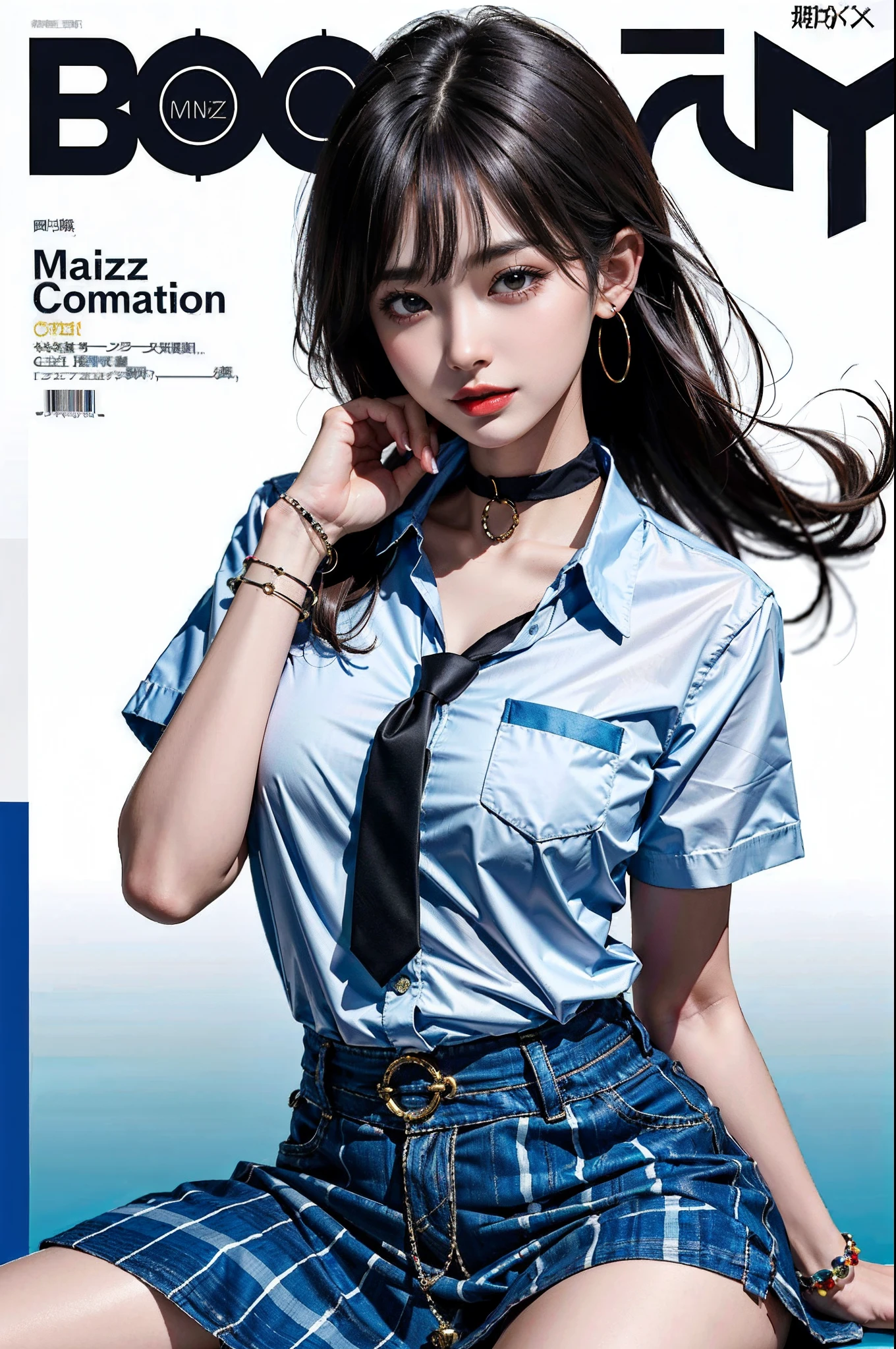 masterpiece, top-quality, full body Esbian, 1girl in, bangss, Black Choker, Black tie, A dark-haired, a blue skirt, red blush, A bracelet, breastsout, a choker, Clothing around the waist, 鎖骨, shirt with collar, cowboy shot, dress shirts, ear piercings, eyebrows visible through hair, gradation hair, Grinning, gals, jewely, Kogal, length hair, looking at the viewers, Loose tie, neck tie, piercings, Plaid, plaid skirts, pleatedskirt, red eyes, the ring, 校服, The shirt, skirt by the, A smile, 独奏, white shirt, a street, Skysky, cherry trees, flower petals,tulips,diagrams, (MagazineCover:1.3), (cover-style:1.3), Fashionable, femele, with a vibrant, outfits, the pose, the front, Colorful, Dynamic, Background with, element, self-assured, expresive, ngel, statement, accessorized, An majestic, coil, surroundings, Touch, The scene, Texto, covers, It's bold, captures the attention, Titles, Stylish, Font, It's catchy, headline, The large, Impressive, moderno, Trendy, Focus, lo fashion,