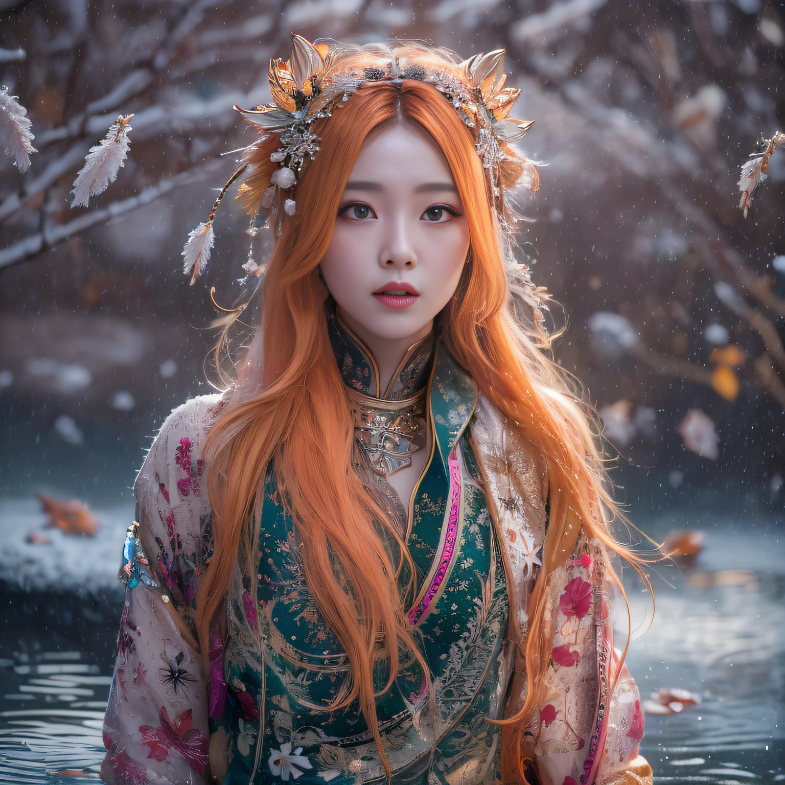 Exclusion Zone 32K（tmasterpiece，k hd，hyper HD，32K）Long flowing light orange hair，Autumn Pond，zydink， a color， Tongzhou people （Girl with glowing eyes）， （Thin silk scarf）， Side squat position， looking at the ground， long whitr hair， Floating hair， Python headdress， Chinese long-sleeved clothing， （abstract ink splash：1.2）， white backgrounid，Lotus protector（realisticlying：1.4），Purple-pink hair，Snowflakes fluttering，The background is pure， A high resolution， the detail， RAW photogr， Sharp Re， Nikon D850 Film Stock Photo by Jefferies Lee 4 Kodak Portra 400 Camera F1.6 shots, Rich colors, ultra-realistic vivid textures, Dramatic lighting, Unreal Engine Art Station Trend, cinestir 800，Long flowing light orange hair