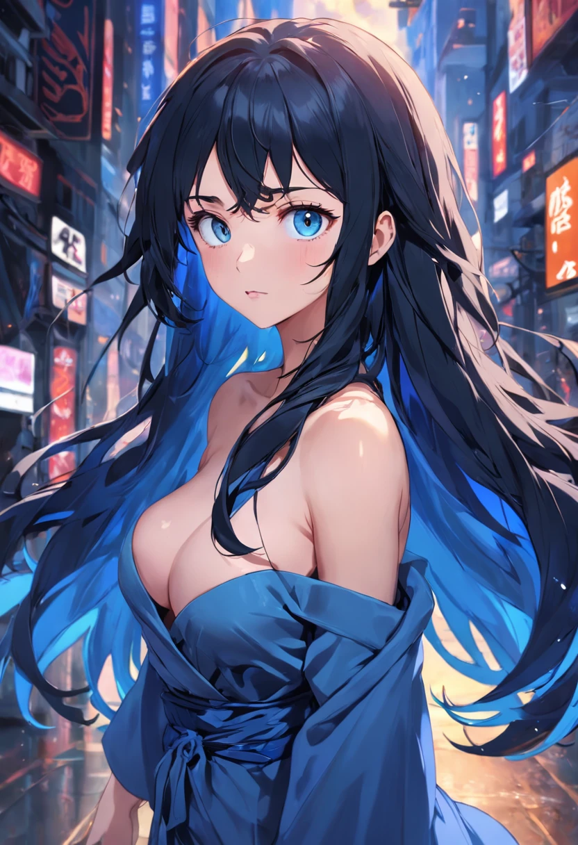 (Clean, (Masterpiece), very high quality, professional, highly detailed, HDR,UHD,16K), ung woman, solo, mature and sexy, perfect body, big breasts, long black hair, wavy hair, bangs, expressive eyes, (dark blue eyes:1.5), perfect face, (casual blue clothing:1.5)