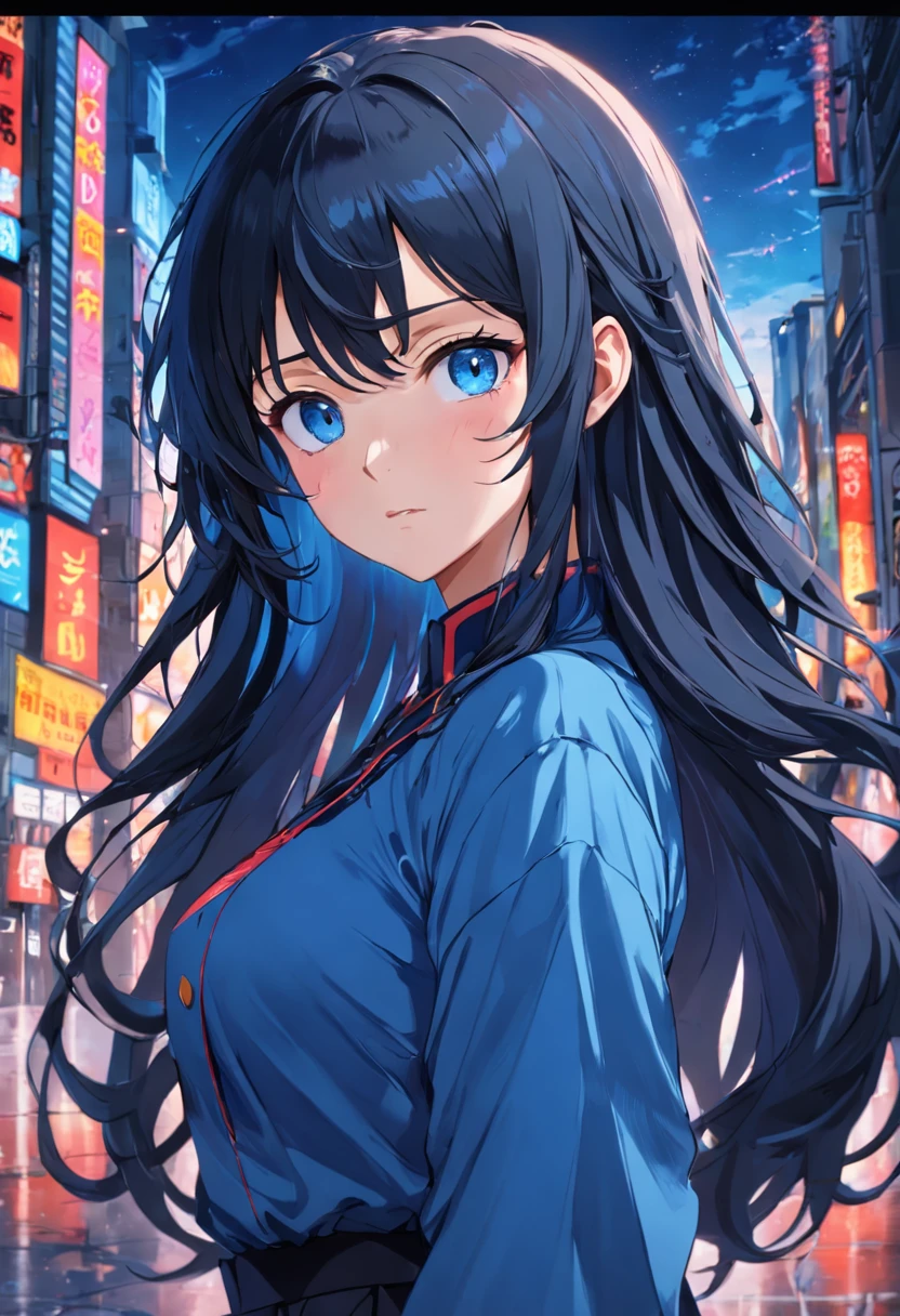 (Clean, (Masterpiece), very high quality, professional, highly detailed, HDR,UHD,16K), 1young woman, solo, mature and sexy, perfect body, big breasts, long black hair, wavy hair, bangs, expressive eyes, (dark blue eyes:1.5), perfect face, (casual blue clothing:1.5)