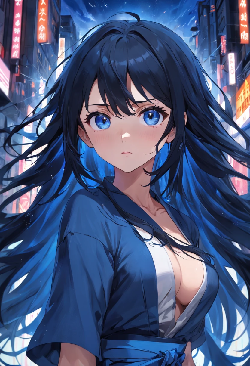 (Clean, (Masterpiece), very high quality, professional, highly detailed, HDR,UHD,16K), ung woman, solo, mature and sexy, perfect body, big breasts, long black hair, wavy hair, bangs, expressive eyes, (dark blue eyes:1.5), perfect face, (casual blue clothing:1.5)