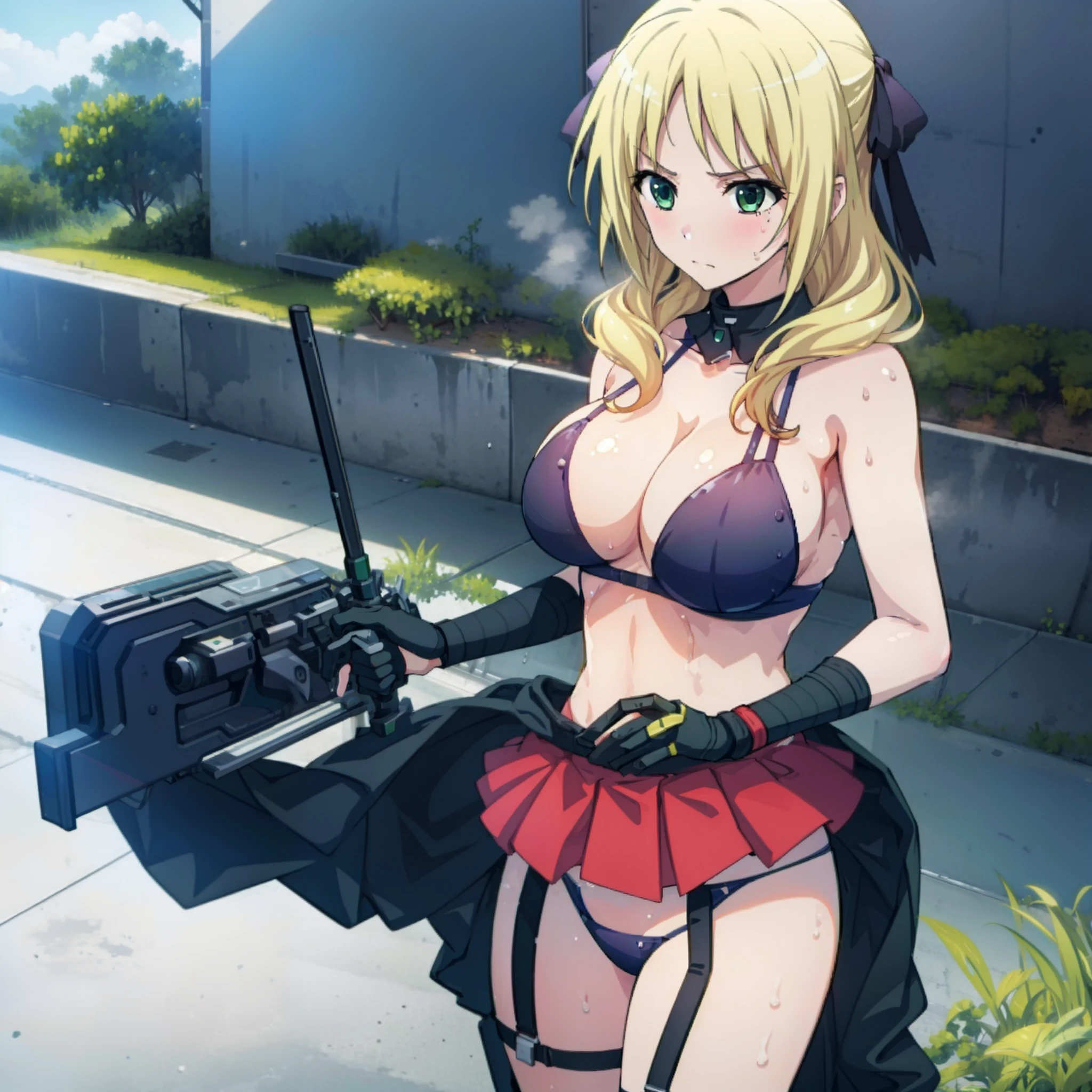 riding machine, 1girl, solo, breasts, sweat, tears, steaming body, wince,bikini,outdoors,blonde,green eyes