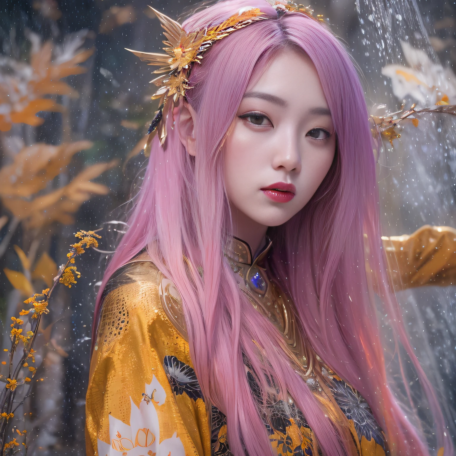 Exclusion Zone 32K（tmasterpiece，k hd，hyper HD，32K）Long flowing light orange hair，Autumn Pond，zydink， a color， Tongzhou people （Girl with glowing eyes）， （Thin silk scarf）， Side squat position， looking at the ground， long whitr hair， Floating hair， Python headdress， Chinese long-sleeved clothing， （abstract ink splash：1.2）， white backgrounid，Lotus protector（realisticlying：1.4），Purple-pink hair，Snowflakes fluttering，The background is pure， A high resolution， the detail， RAW photogr， Sharp Re， Nikon D850 Film Stock Photo by Jefferies Lee 4 Kodak Portra 400 Camera F1.6 shots, Rich colors, ultra-realistic vivid textures, Dramatic lighting, Unreal Engine Art Station Trend, cinestir 800，Long flowing light orange hair