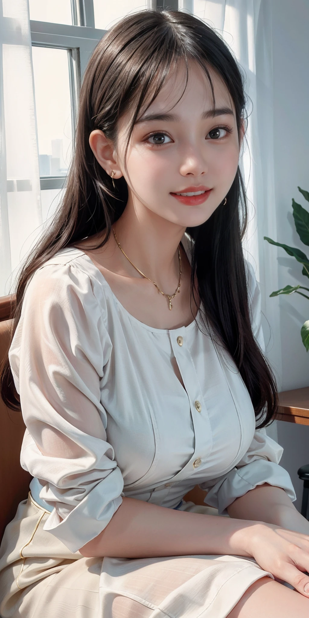 table top, highest quality, realistic, Super detailed, finely, High resolution, 8k wallpaper, 1 beautiful woman,, sharp focus, perfect dynamic composition, beautiful and detailed eyes, thin hair, Detailed realistic skin texture, smile, close-up portrait, model body shape、president&#39;secretary、mini skirt、high heels、whole body、suit,((brown semi-long hair:1.2))((Gentle inward-curving waves:1.2)),((gold necklace＿big earrings:1.2)),((shy smile:1.3)),((blouse and skirt, Wearing a white silk blouse,Please wear a white shirt and a dark purple skirt.:1.3)), 、whole bodyショット、((Standing whole body figure supermodel, whole bodyがフレーム内に収まる))、in a luxurious room、