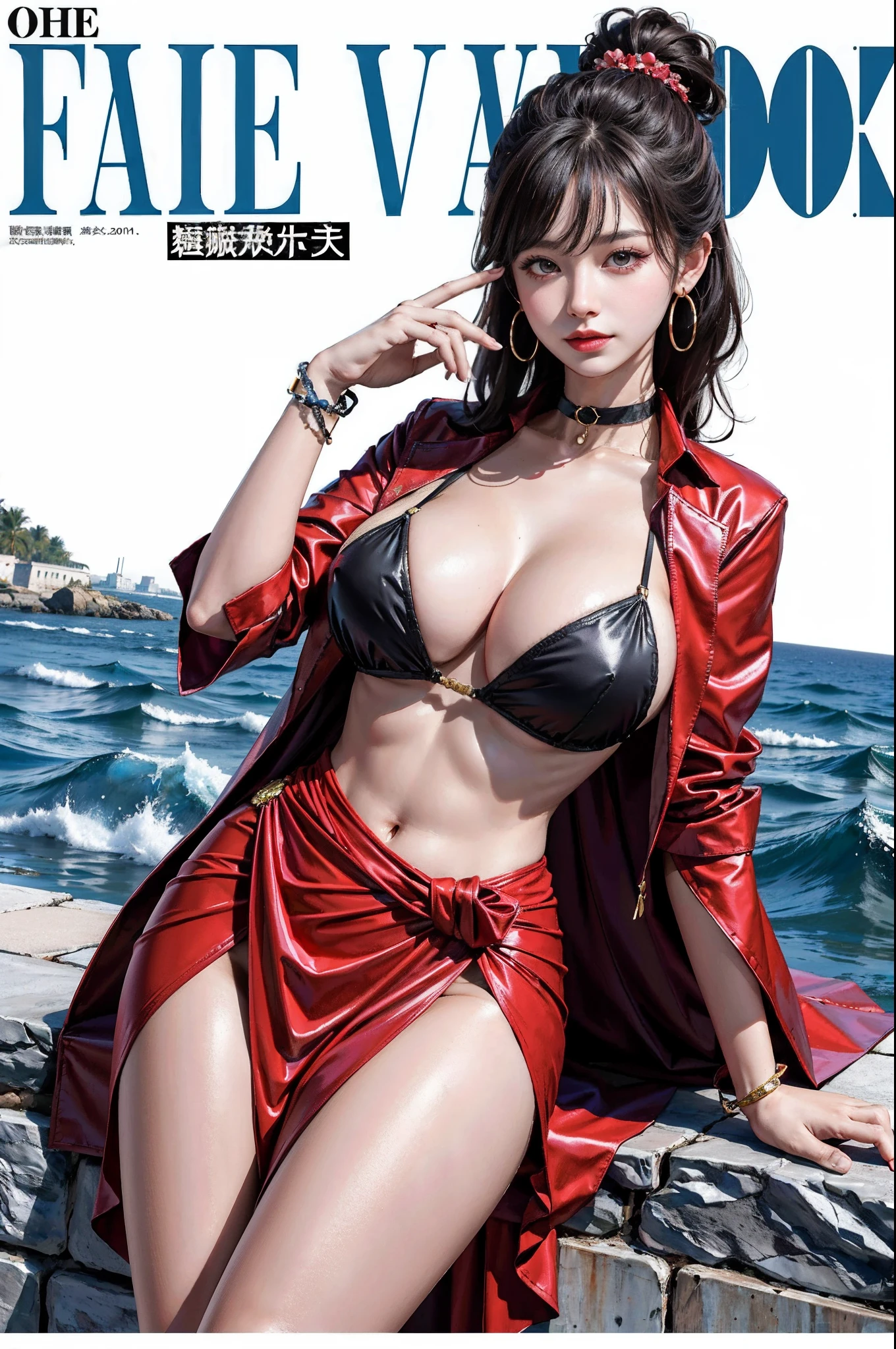 ​masterpiece, top-quality, full body Esbian, 1girl in, bangss,  A dark-haired,, red blush, A bracelet, breastsout, Clothing around the waist, 鎖骨, shirt with collar, cowboy  shot, ear piercings, eyebrows visible through hair, gradation hair, Grinning, gals, jewely, Kogal, length hair, looking at the viewers, piercings, Plaid, tight skirts, red eyes, the ring, The shirt, Fashionable idol costumes, A smile, 独奏, a street, Skysky, mare, Hibiscus flowers,Palm trees, (MagazineCover:1.3), (cover-style:1.3), Fashionable, femele, with a vibrant, outfits, the pose, the front, Colorful, Dynamic, Background with, element, self-assured, expresive, ngel, statement, accessorized, An majestic, coil, surroundings, Touch, The scene, Texto, covers, It's bold, captures the attention, Titles, Stylish, Font, It's catchy, headline, The large, Impressive, moderno, Trendy, Focus, lo fashion,