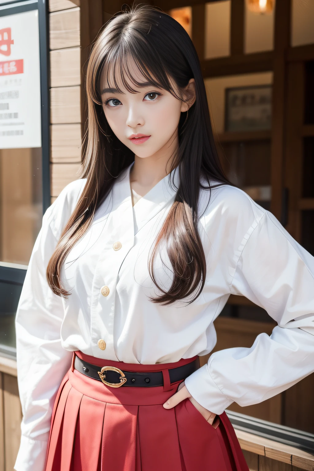 High quality、masutepiece、超A high resolution、(Photorealistic:1.4)、Akita Bijin、Fair skin、japanes、colourful clothes、skirt by the、doress、pumps、(Thin eyebrows:0.2)、(thin lipss:0.8)、(small nose:0.8)、Appearance without makeup、walk、cowboy  shot、(the perfect body:1.2)、(small nipple:0.7)、Akita City、By Michelangelo、ulzzang -6500-v1.1