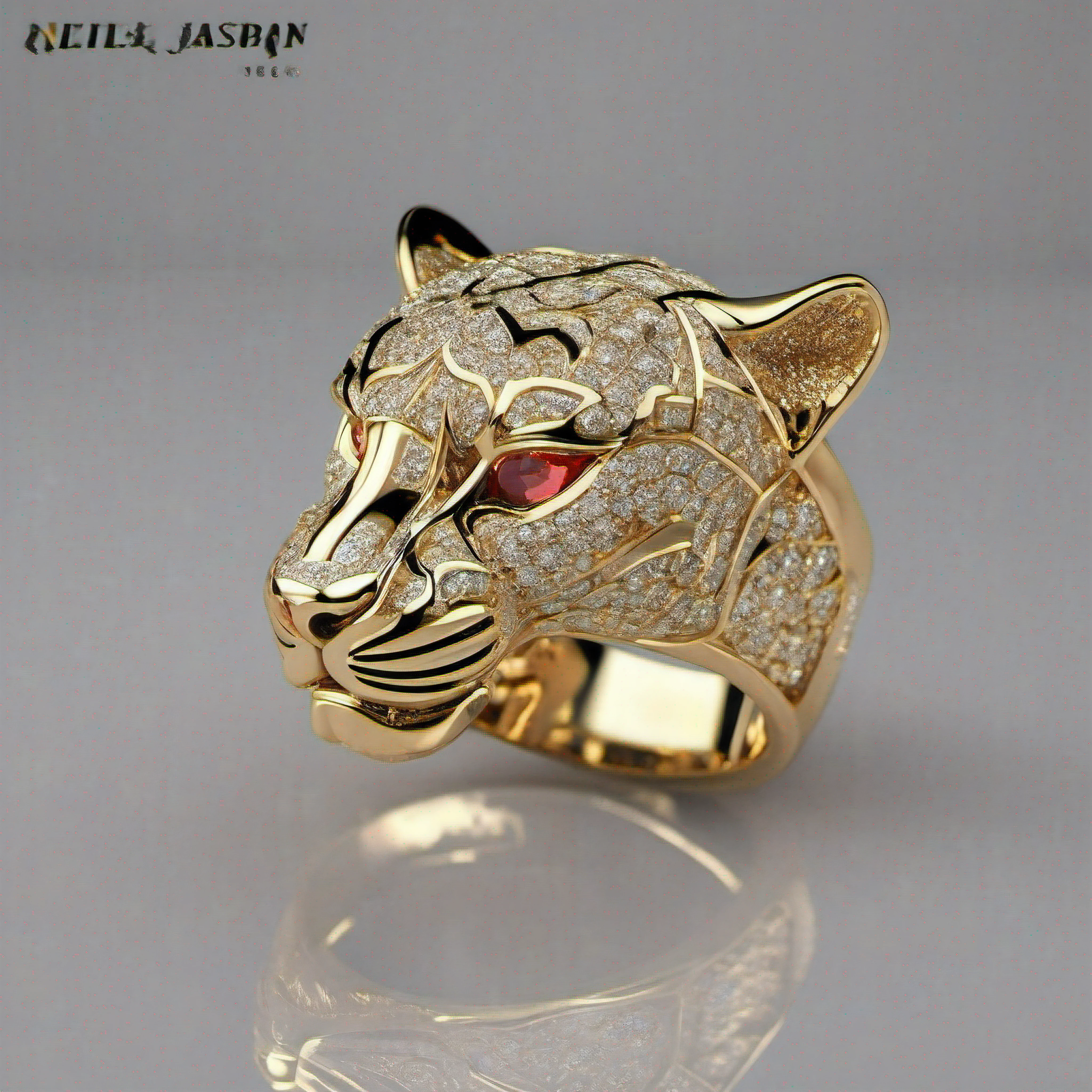 Create the most awe-inspiring and breathtaking representation of a jaguar's head ring, 1 ring, a true masterpiece of craftsmanship and opulence. This solid gold ring, crafted from the purest 24-carat gold, takes the form of a jaguar's head, meticulously detailed and capturing every nuance of this majestic creature. The jaguar's head should be rendered with the highest resolution possible, highlighting the intricate lattice work of the gold, giving it a lifelike texture. The jaguar's eyes should be ((encrusted with brilliant rubies)) that sparkle with inner fire, adding a mesmerizing touch of luxury and allure. The ring should be expertly placed (atop a crystal-clear ice block), creating a captivating contrast between the fiery gold and the icy coolness of the crystal. The jeweler's workshop serves as the backdrop, filled with the tools and equipment of the trade, highlighting the artistry and dedication that goes into creating such a masterpiece. Utilize intricate depth of field to focus on the jaguar's head ring and its mesmerizing details while gently blurring the background elements, creating a sense of depth and visual interest. Implement volumetric lighting that casts warm, inviting rays of light onto the gold ring, ((illuminating the ruby eyes)) with a rich, inner glow. The workshop should be bathed in soft, diffused light that adds a touch of nostalgia and warmth to the scene. Create this image as a 3D masterpiece, utilizing the most advanced rendering techniques, including CG9Studio, to ensure the utmost precision and detail in every aspect of the image. This rendering should be a testament to the highest levels of craftsmanship and artistry, capturing the fusion of natural beauty, human skill, and the timeless allure of fine jewelry. The result should be a breathtaking work of art, where every facet of the jaguar's head ring shines with unparalleled brilliance and realism