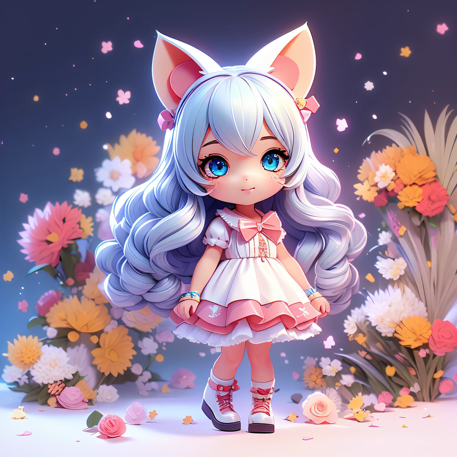 1girl, animal ears, tail, chibi, white hair, cat ears, solo, cat tail, long hair, hair ornament, cat girl, virtual youtuber, dress, blue eyes, ahoge, bow, white background, animal ear fluff, hairclip, holding