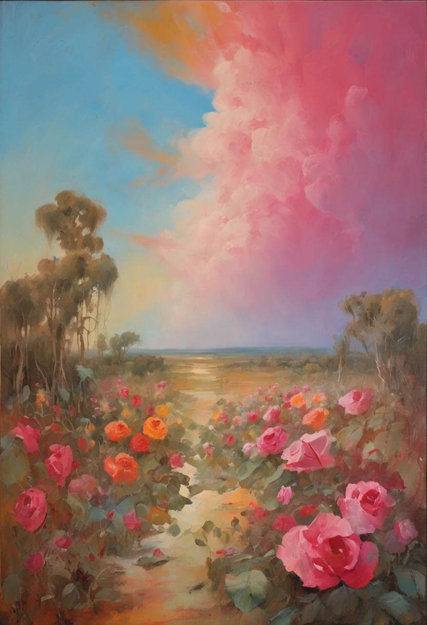 Summer, desert, pink clouds, a land overgrown with roses, James Gurney, art station rendering, ultra-wide lens, high definition