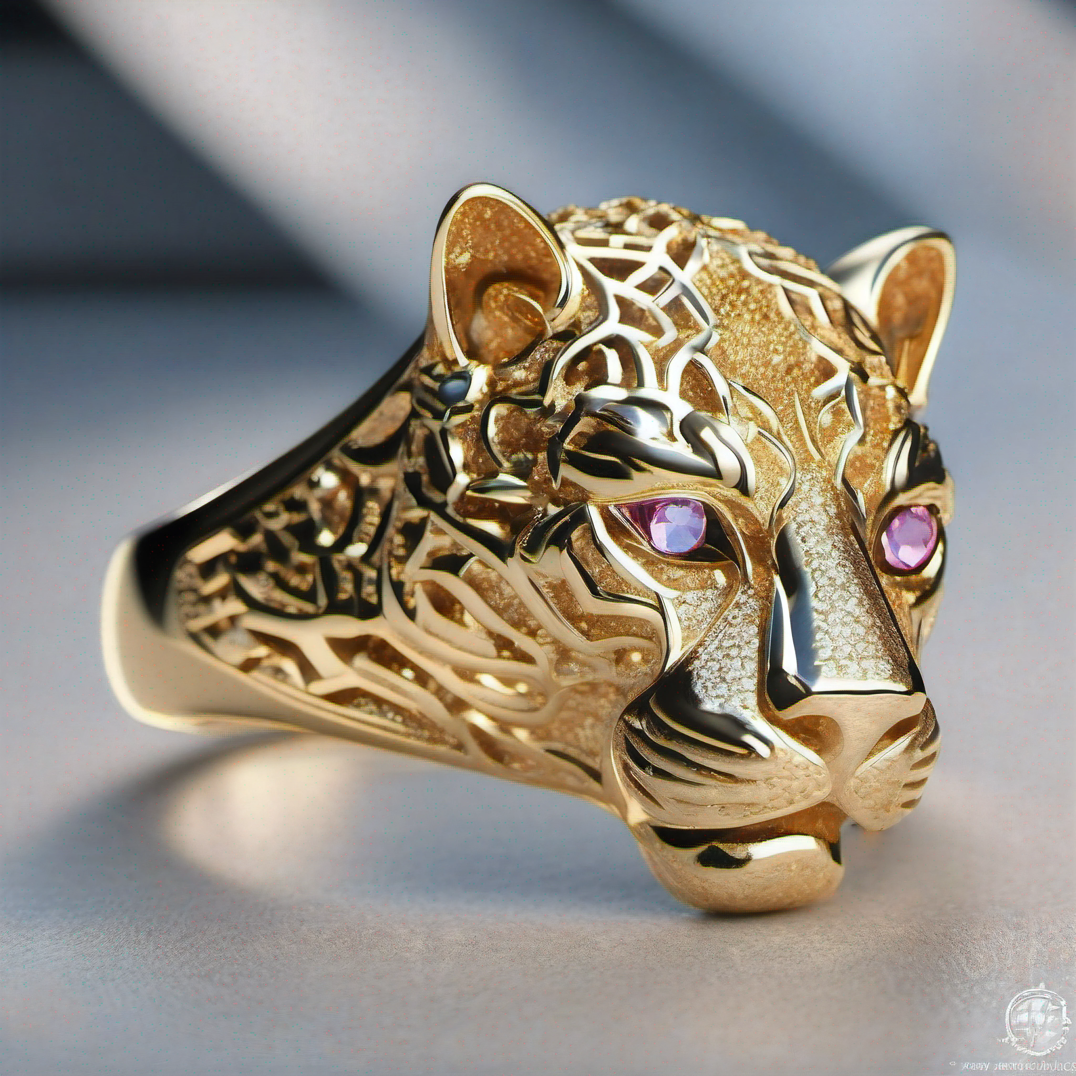Create the most awe-inspiring and breathtaking representation of a jaguar's head ring, 1 ring, a true masterpiece of craftsmanship and opulence. This solid gold ring, crafted from the purest 24-carat gold, takes the form of a jaguar's head, meticulously detailed and capturing every nuance of this majestic creature. The jaguar's head should be rendered with the highest resolution possible, highlighting the intricate lattice work of the gold, giving it a lifelike texture. The jaguar's eyes should be ((encrusted with brilliant rubies)) that sparkle with inner fire, adding a mesmerizing touch of luxury and allure. The ring should be expertly placed (atop a crystal-clear ice block), creating a captivating contrast between the fiery gold and the icy coolness of the crystal. The jeweler's workshop serves as the backdrop, filled with the tools and equipment of the trade, highlighting the artistry and dedication that goes into creating such a masterpiece. Utilize intricate depth of field to focus on the jaguar's head ring and its mesmerizing details while gently blurring the background elements, creating a sense of depth and visual interest. Implement volumetric lighting that casts warm, inviting rays of light onto the gold ring, ((illuminating the ruby eyes)) with a rich, inner glow. The workshop should be bathed in soft, diffused light that adds a touch of nostalgia and warmth to the scene. Create this image as a 3D masterpiece, utilizing the most advanced rendering techniques, including CG9Studio, to ensure the utmost precision and detail in every aspect of the image. This rendering should be a testament to the highest levels of craftsmanship and artistry, capturing the fusion of natural beauty, human skill, and the timeless allure of fine jewelry. The result should be a breathtaking work of art, where every facet of the jaguar's head ring shines with unparalleled brilliance and realism