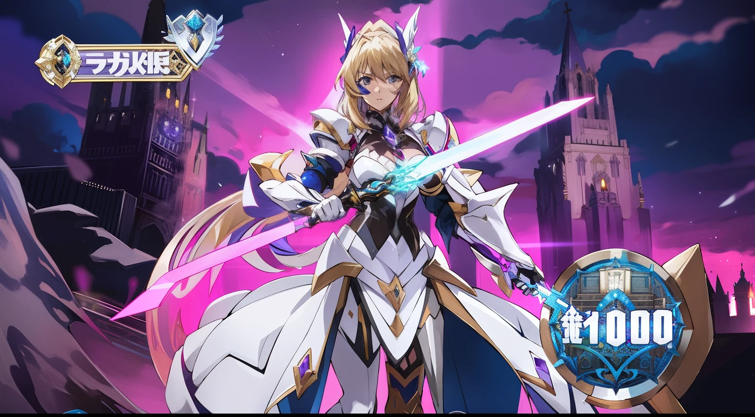 A woman in a white dress holding a sword and a purple light, Engranaje Aurora, knights of zodiac girl, con elegante armadura plateada, clothed in ethereal battle armor, Anime Cyborg, Chica Valquiria mecanizada, symphogear, tsubasa chronicles, female action anime girl, Estilo Shadowverse, in opal armor, Este personaje tiene crioquinesis