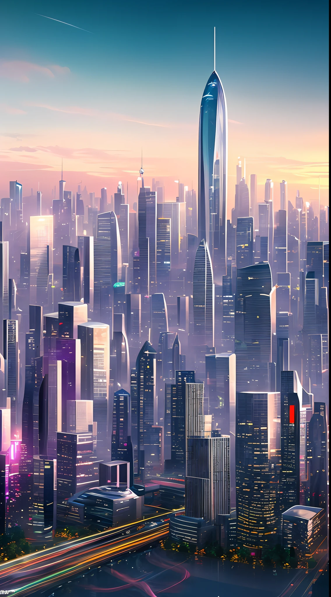 Style: Concept art. The scene: Futuristic cityscapes with towering skyscrapers and sleek aerodynamic vehicles speeding through the air. High-resolution OLED GUI interfaces in the building's windows are filled with transparent data visualization infographics showing everything from weather patterns to traffic flow. Colors are saturated and vibrant, with warm pinks and purples dominating the skyline. The overall effect is both beautiful and awe-inspiring.